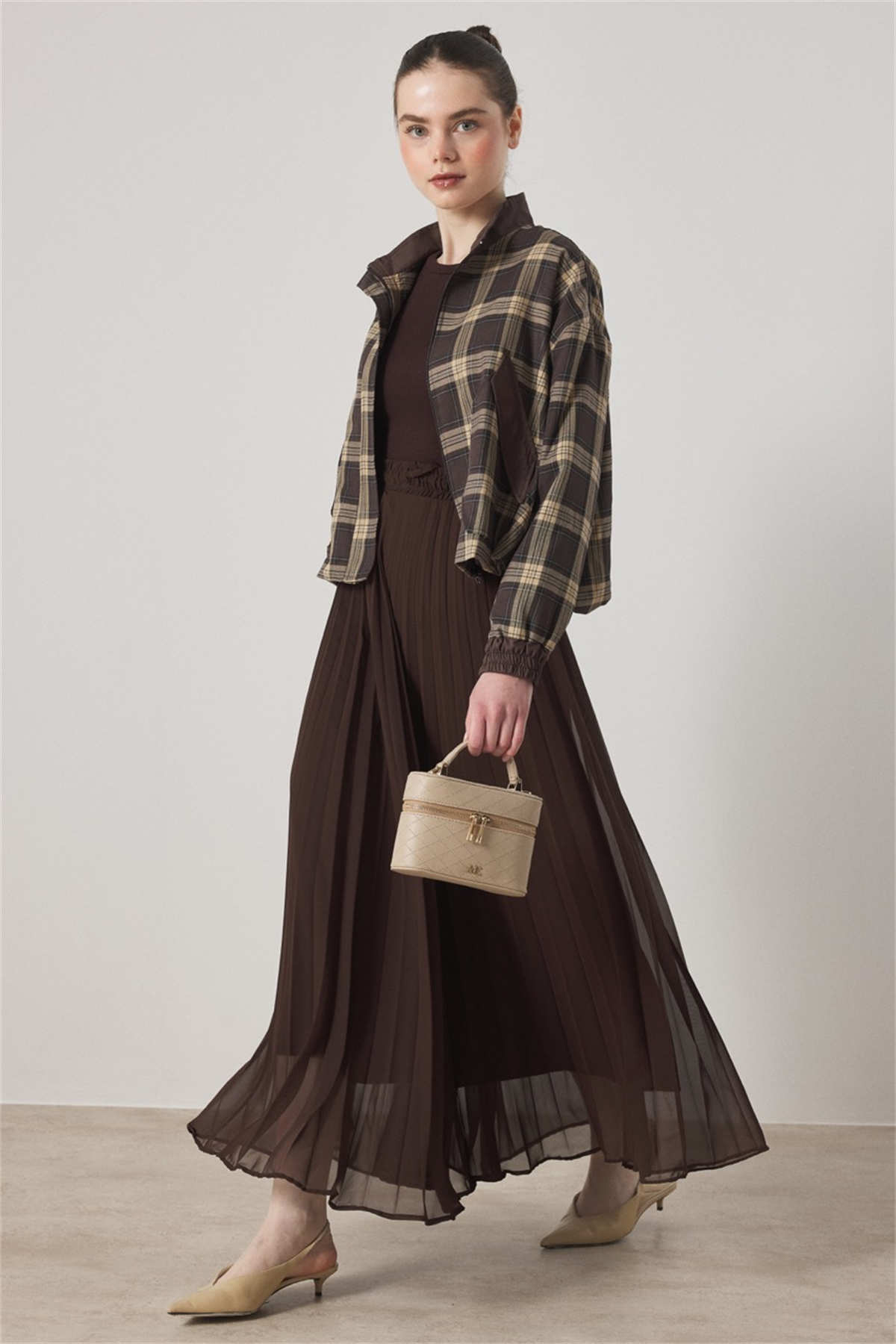 Etek Piliseli Ekose Takım - Kahve