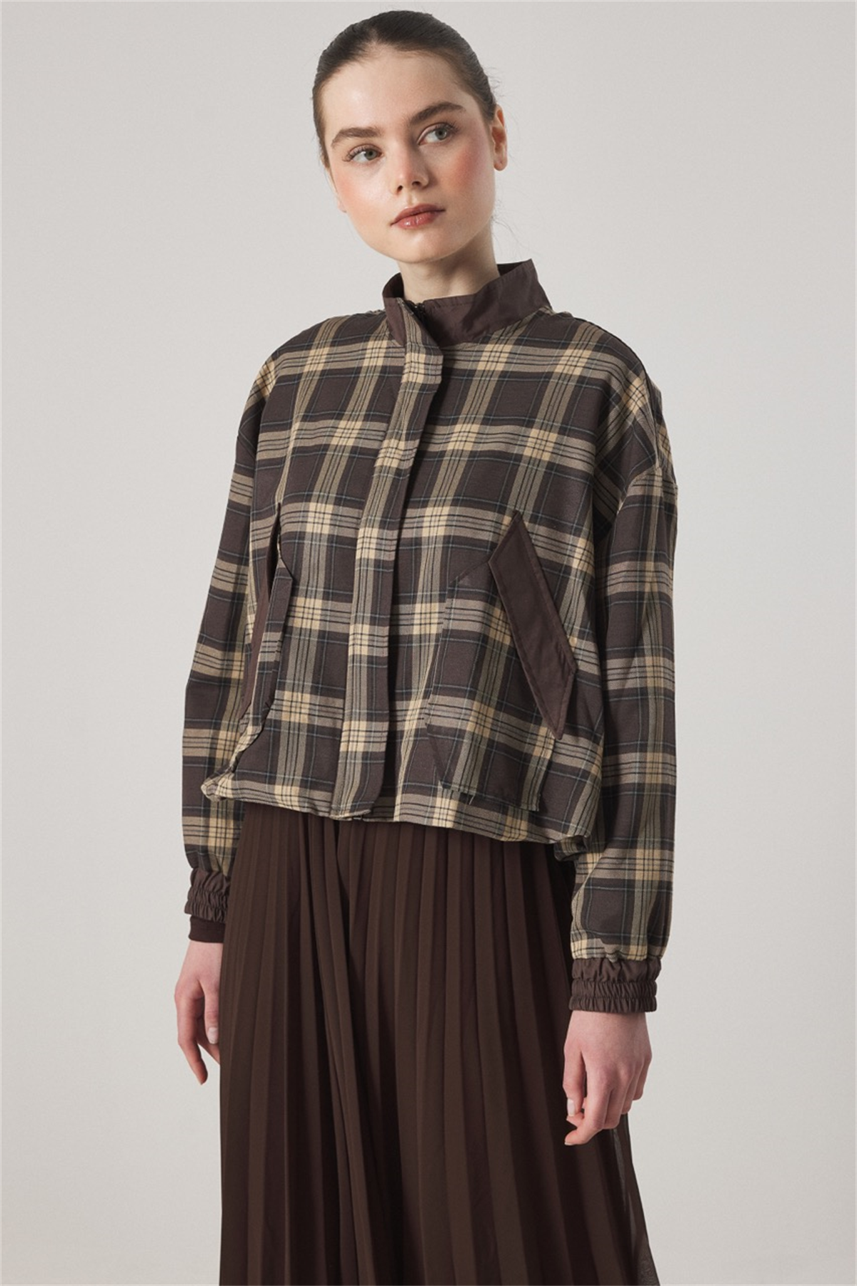 Etek Piliseli Ekose Takım - Kahve