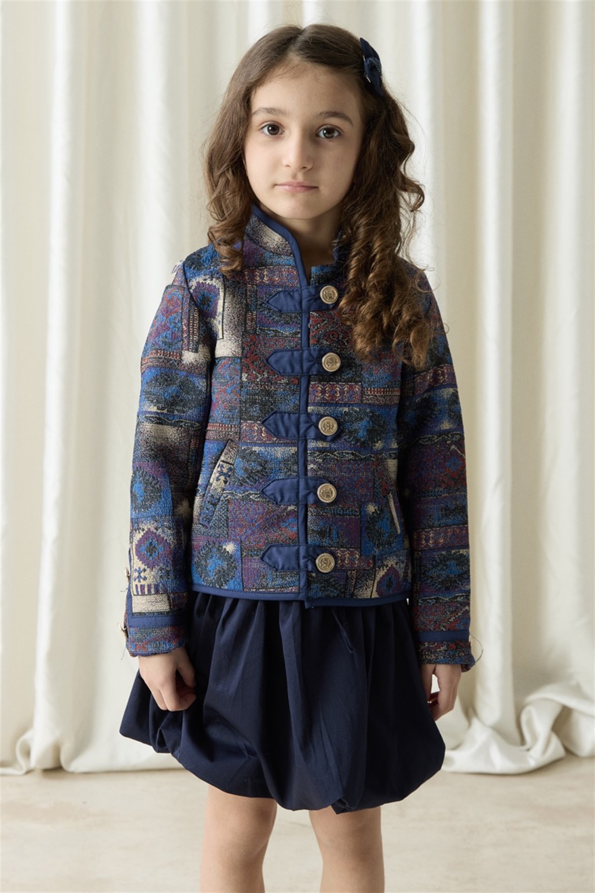 Etnik Desenli Jakar Ceket - Mavi