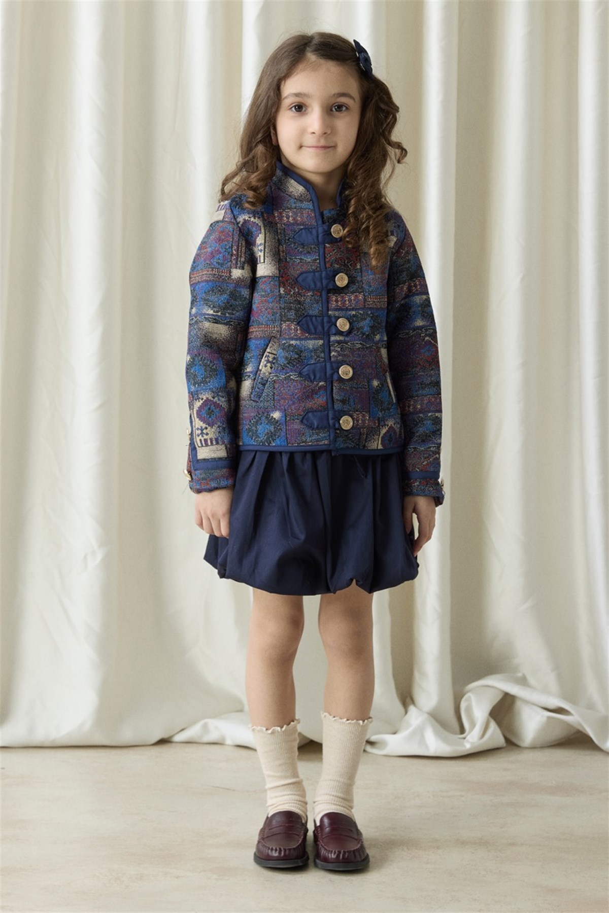 Etnik Desenli Jakar Ceket - Mavi