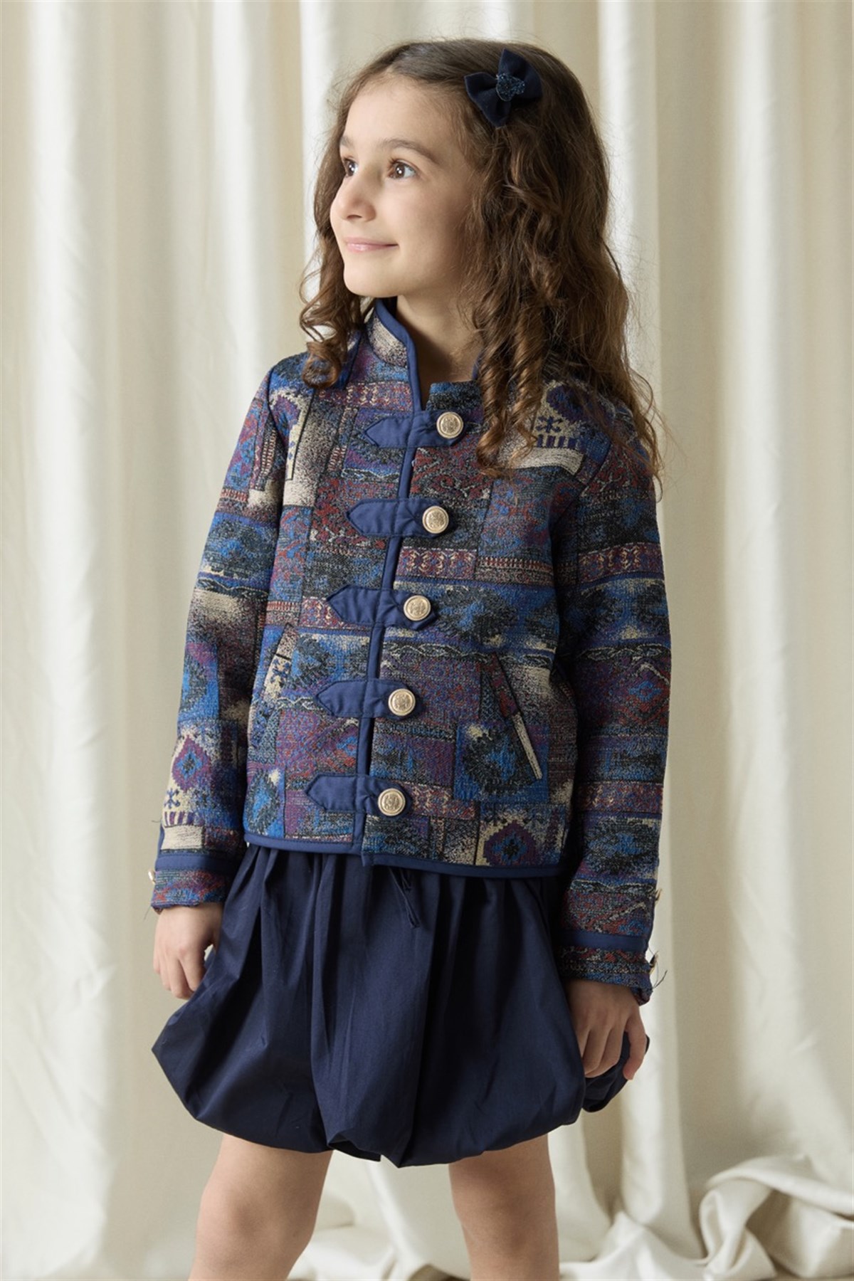 Etnik Desenli Jakar Ceket - Mavi