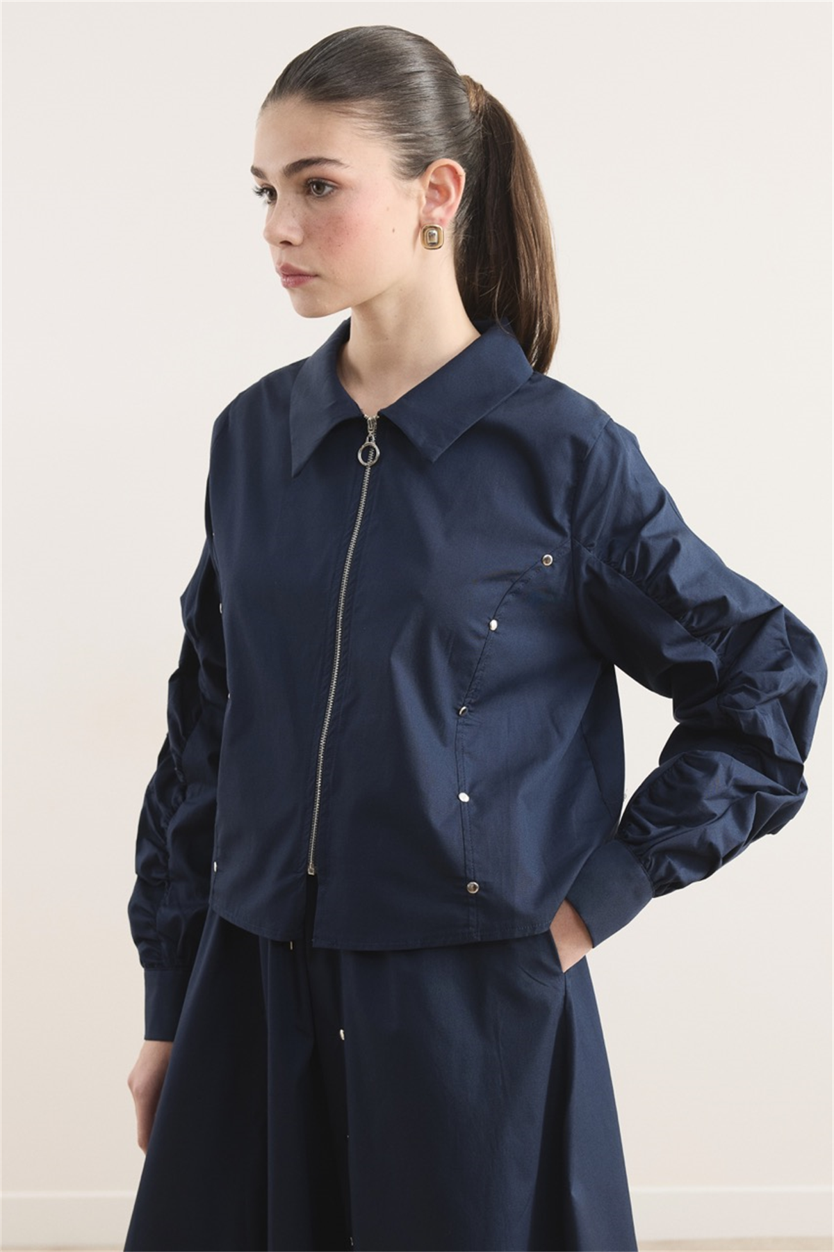 Fermuarlı Metal Detaylı Dacron Etek Takım - Lacivert