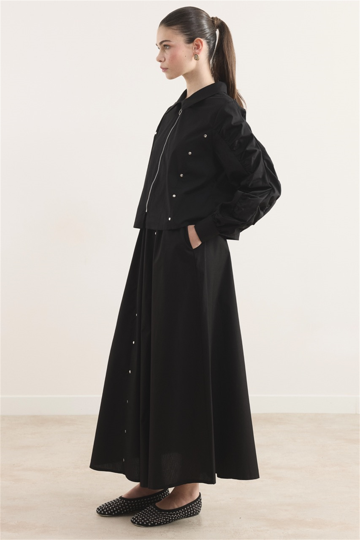 Fermuarlı Metal Detaylı Dacron Etek Takım - Siyah