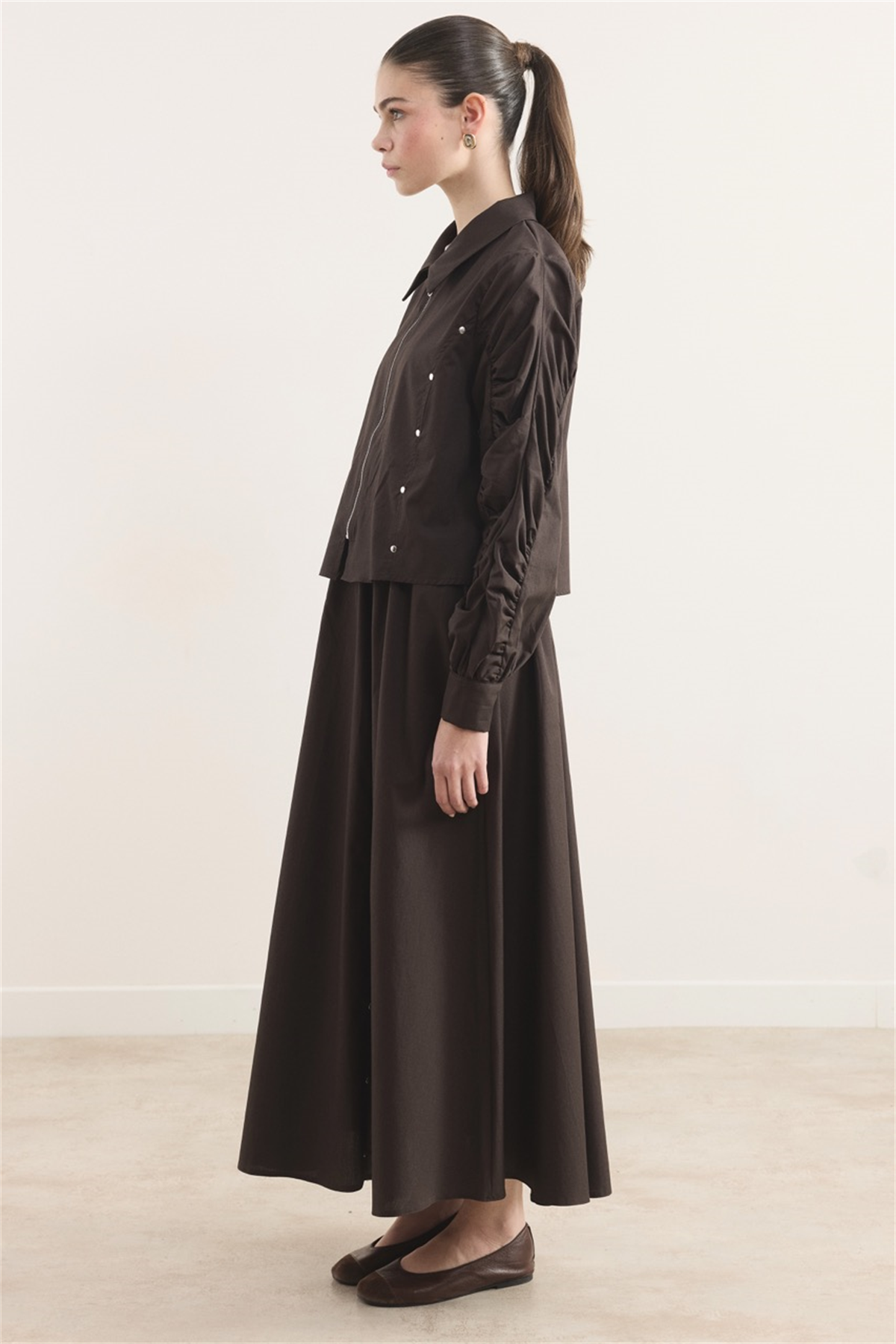 Fermuarlı Metal Detaylı Dacron Etek Takım - Acı Kahve