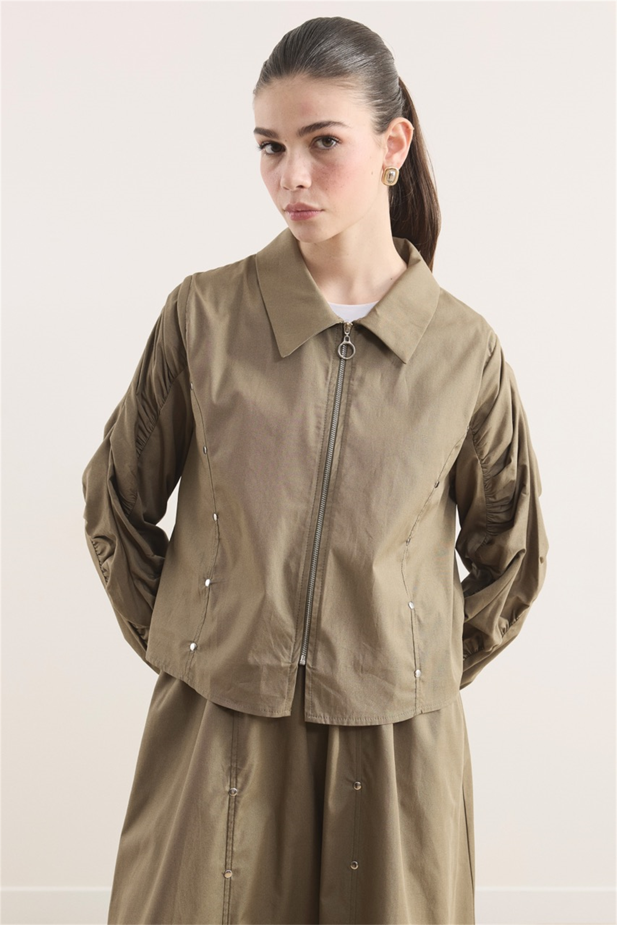 Fermuarlı Metal Detaylı Dacron Etek Takım - Çağla