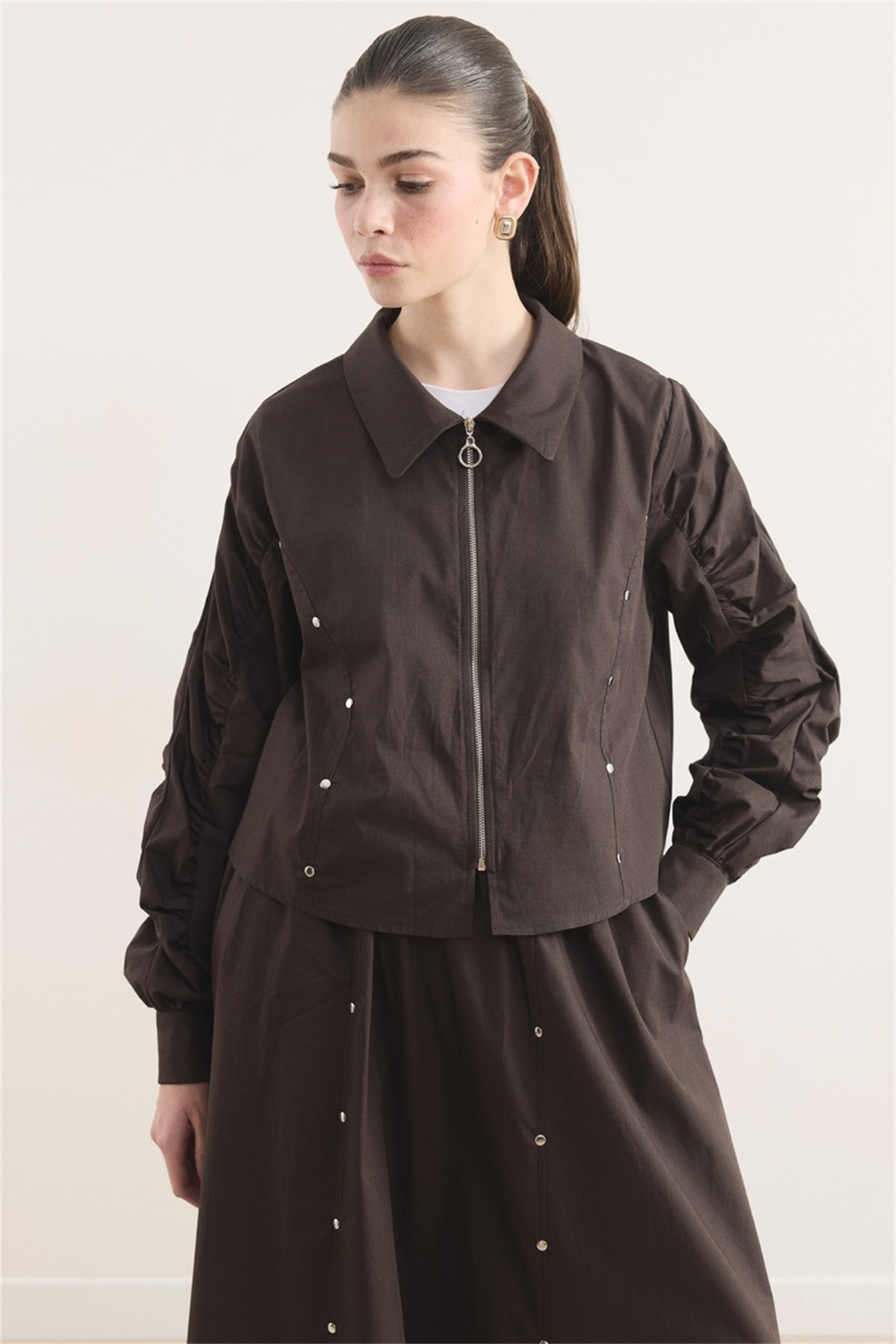 Fermuarlı Metal Detaylı Dacron Etek Takım - Acı Kahve