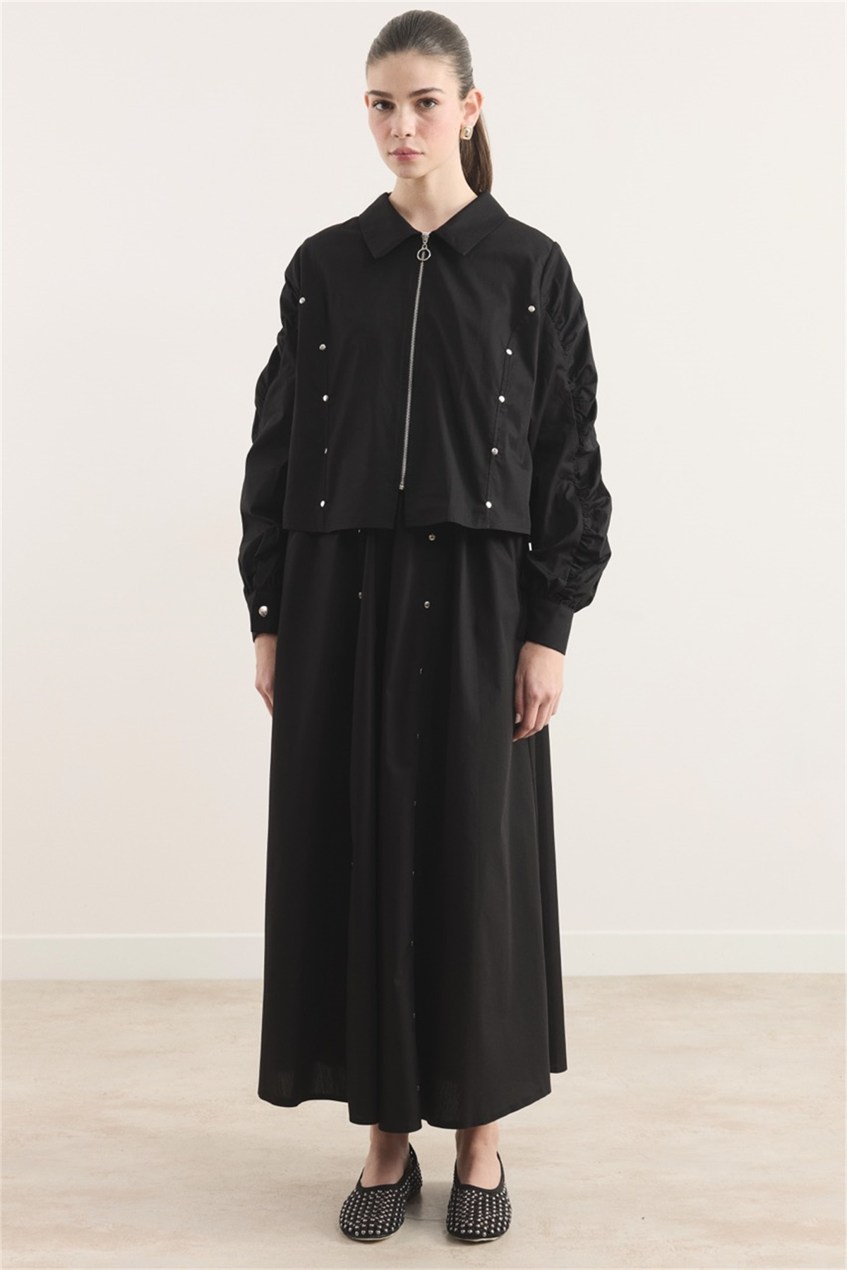 Fermuarlı Metal Detaylı Dacron Etek Takım - Siyah