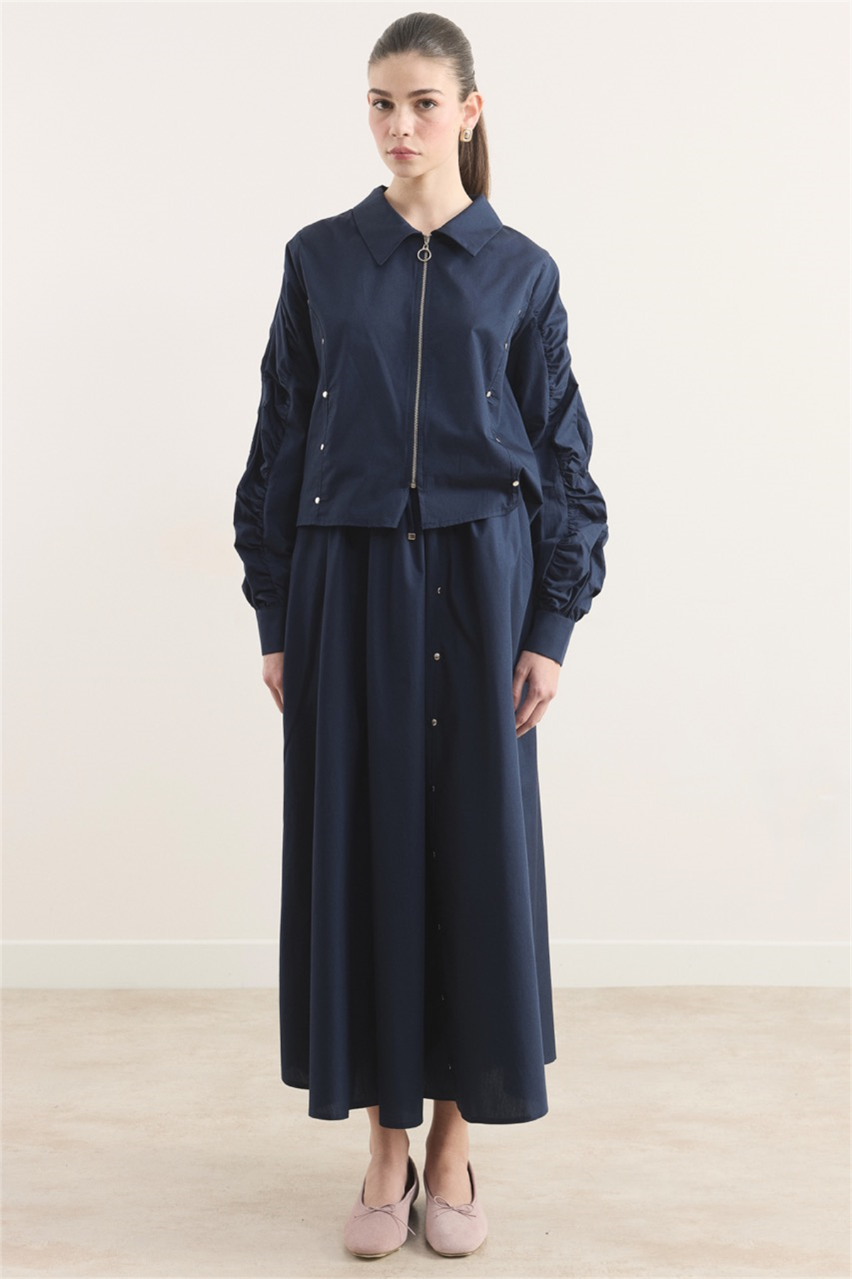 Fermuarlı Metal Detaylı Dacron Etek Takım - Lacivert