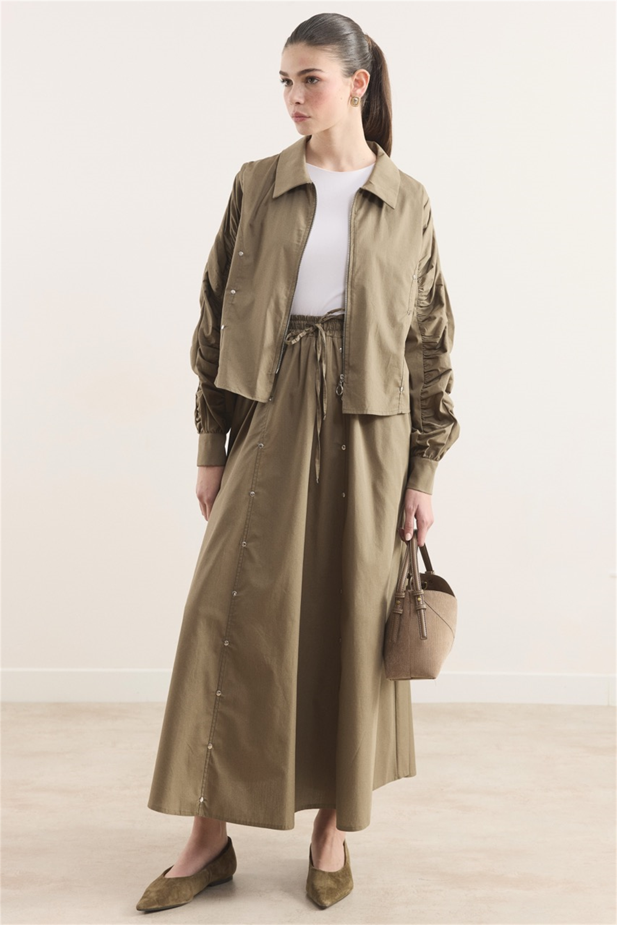 Fermuarlı Metal Detaylı Dacron Etek Takım - Çağla