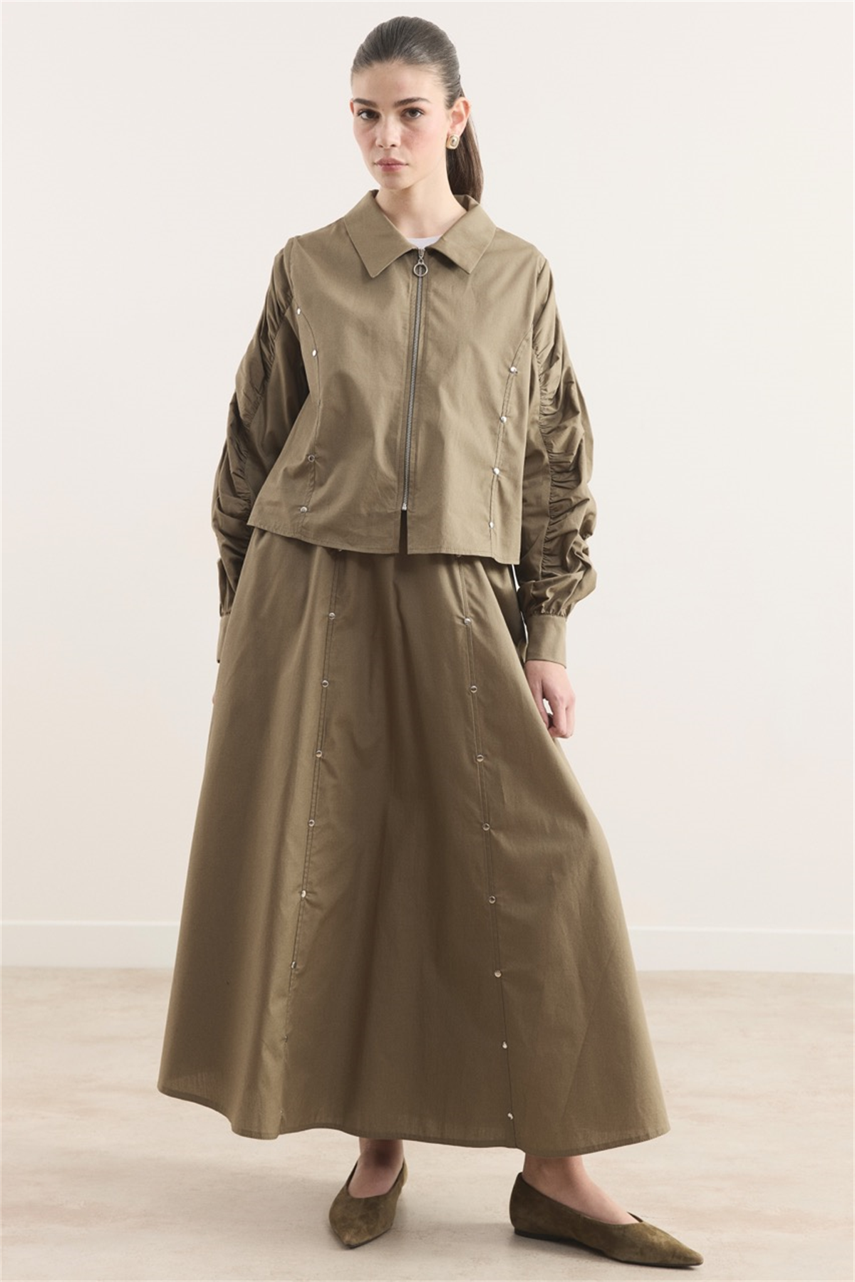 Fermuarlı Metal Detaylı Dacron Etek Takım - Çağla