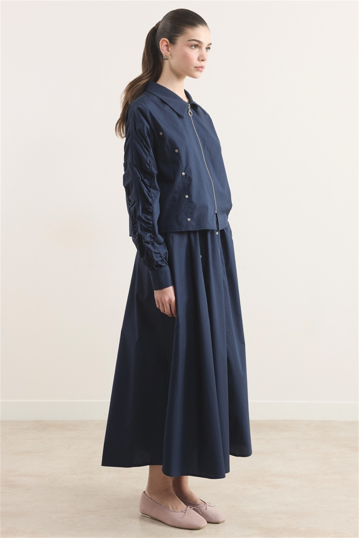 Fermuarlı Metal Detaylı Dacron Etek Takım - Lacivert