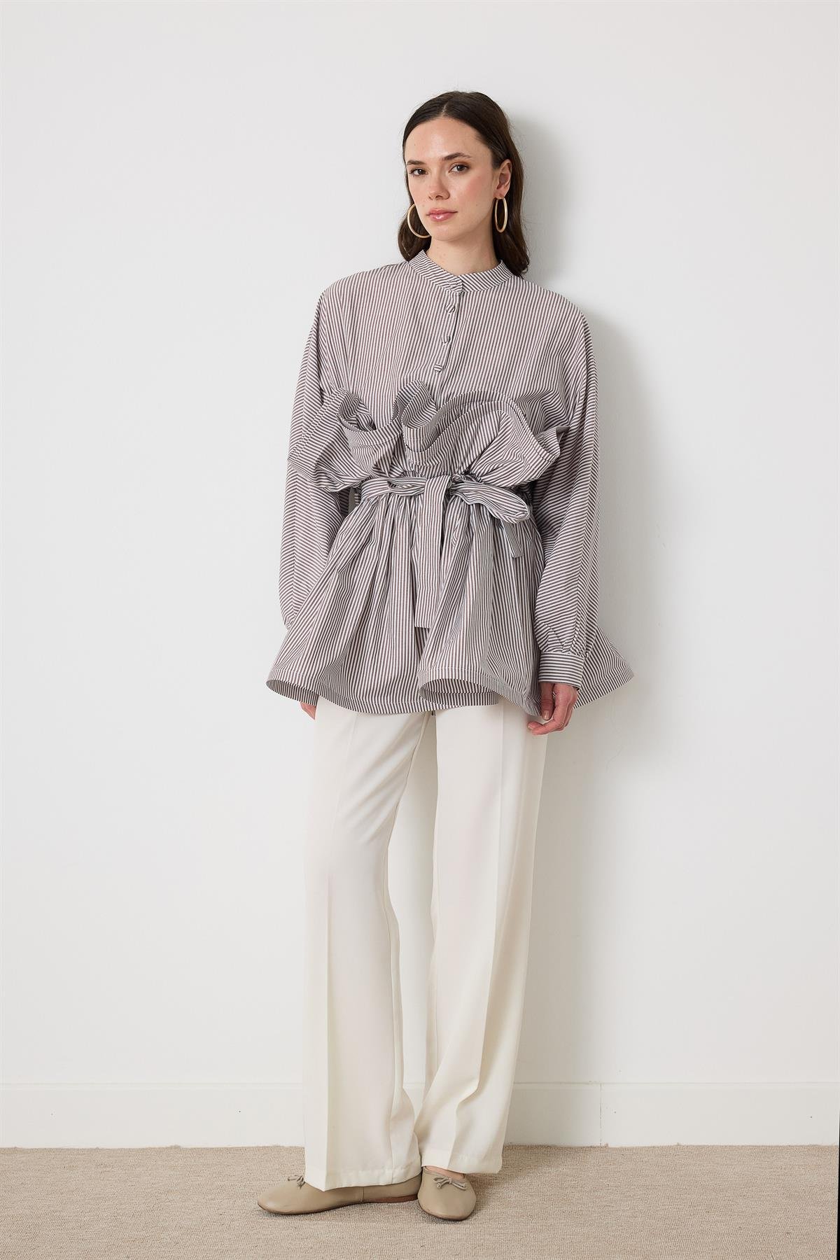 Fiona Grenli Çizgili Gömlek - Kahve