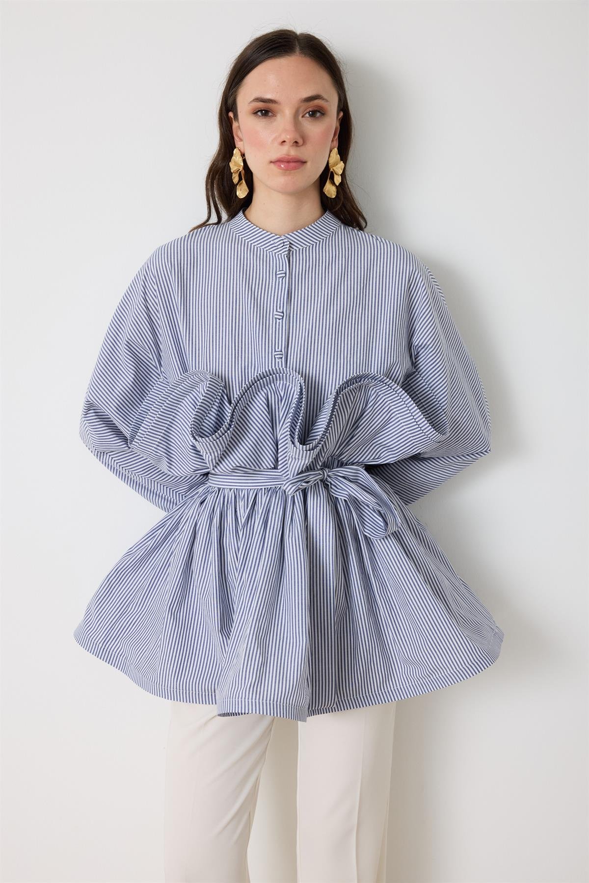 Fiona Grenli Çizgili Gömlek - Lacivert