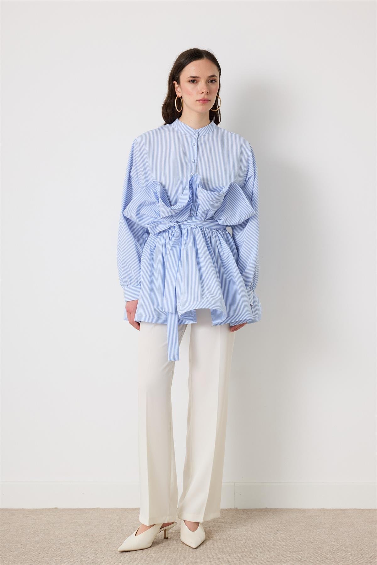 Fiona Grenli Çizgili Gömlek - Mavi