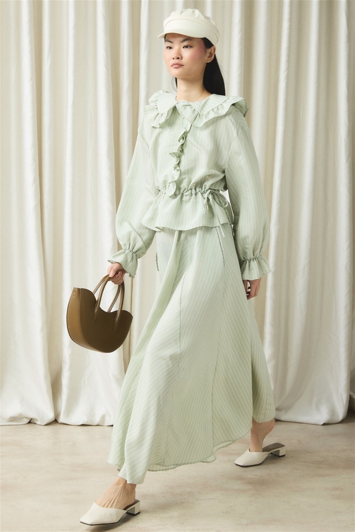 Fırfır Detaylı Çizgili Takım - Mint