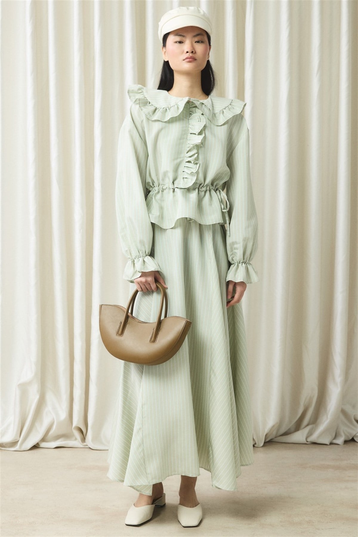 Fırfır Detaylı Çizgili Takım - Mint