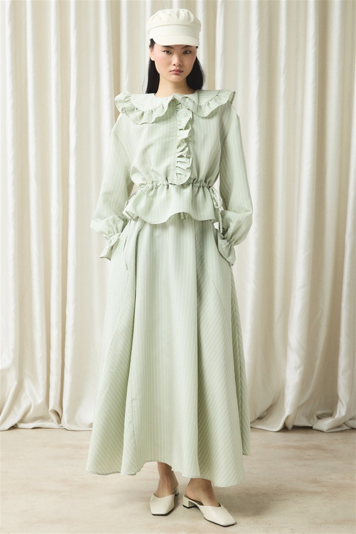 Fırfır Detaylı Çizgili Takım - Mint