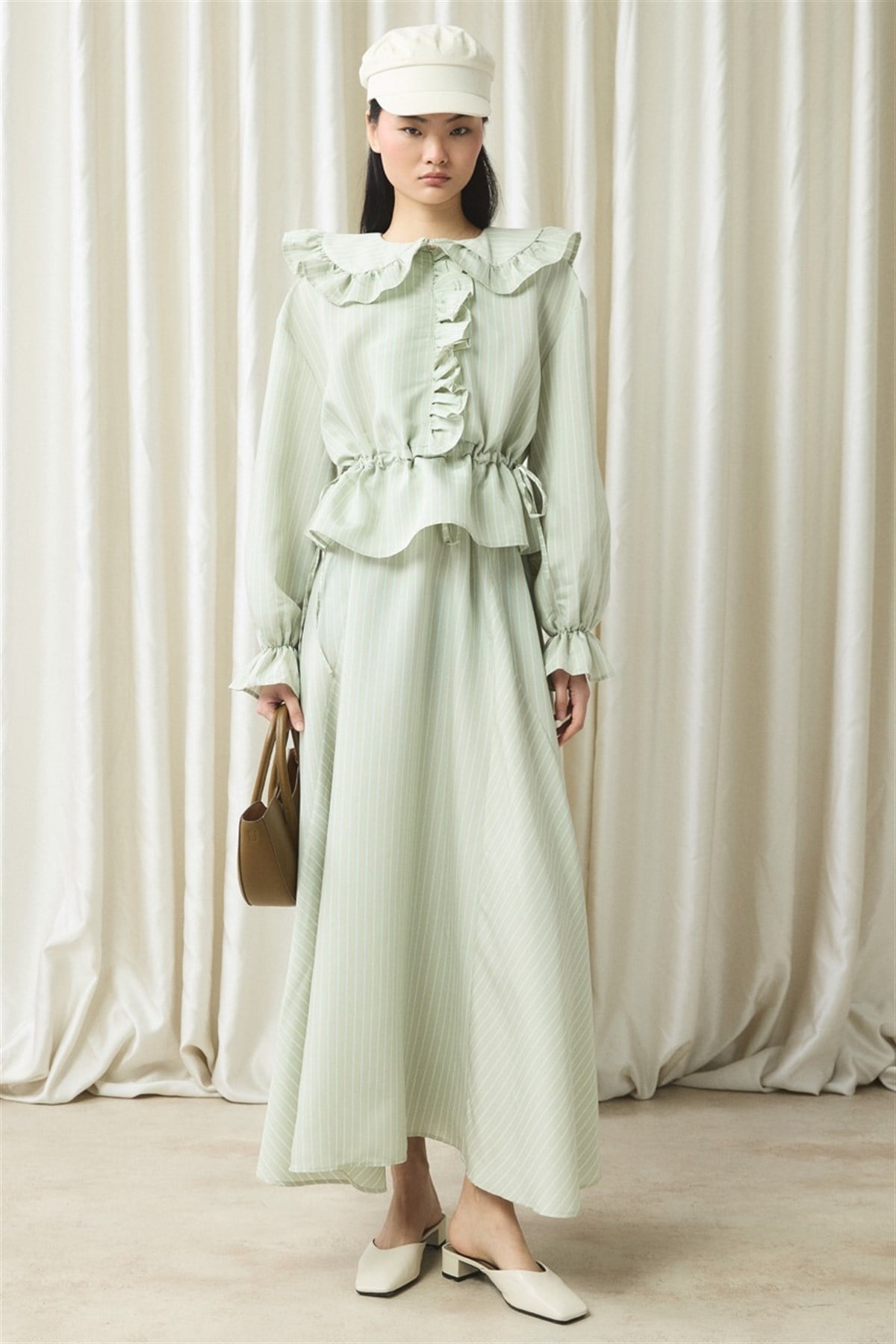 Fırfır Detaylı Çizgili Takım - Mint