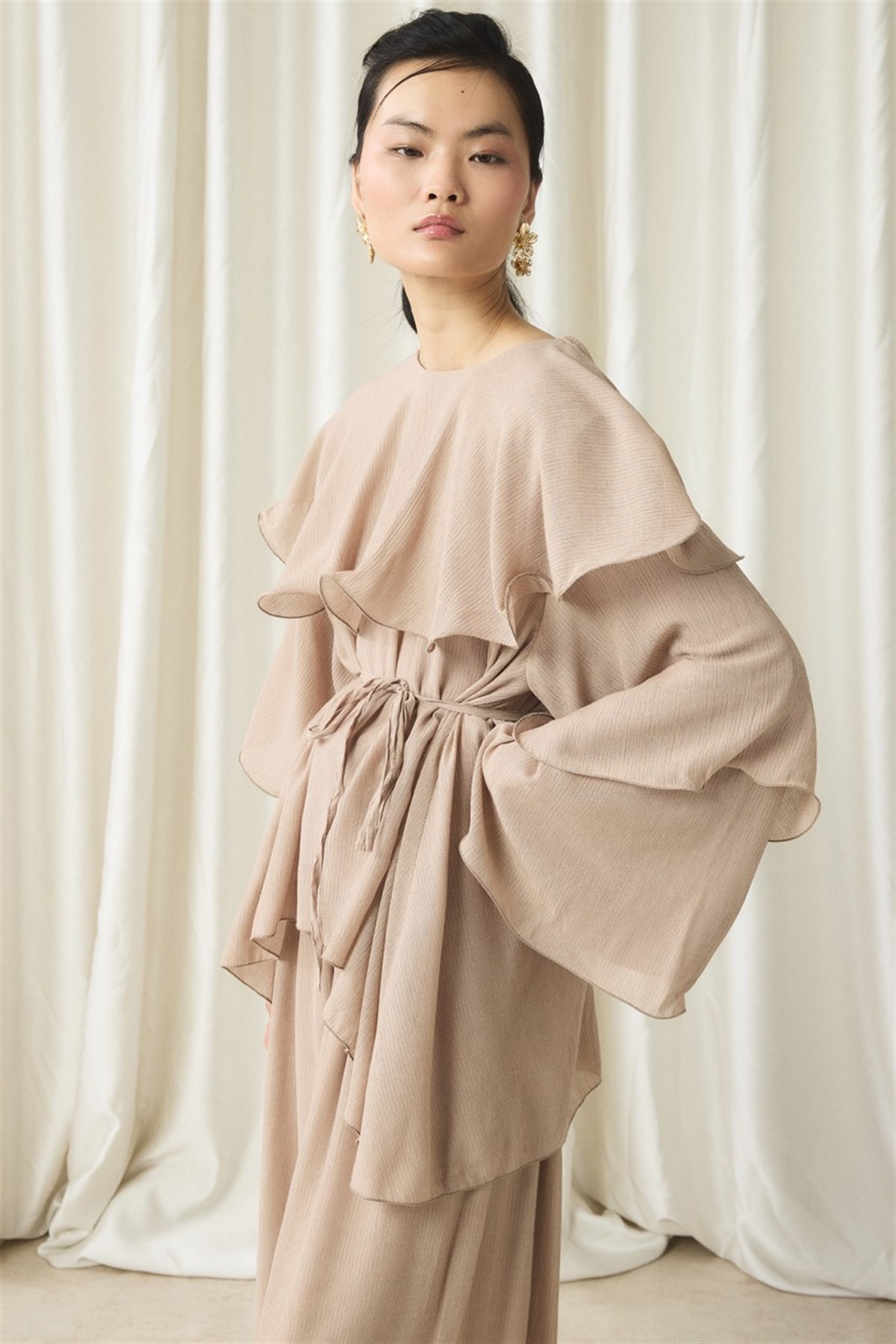 Fırfır Detaylı Pantolon Takım - Bej