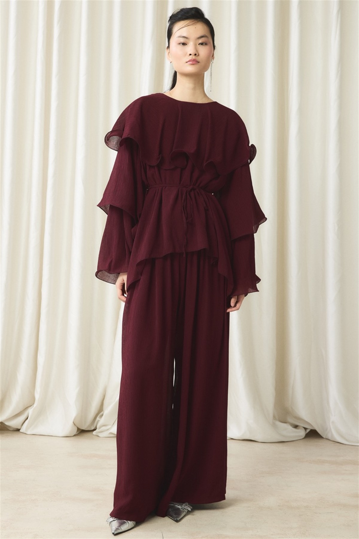 Fırfır Detaylı Pantolon Takım - Bordo