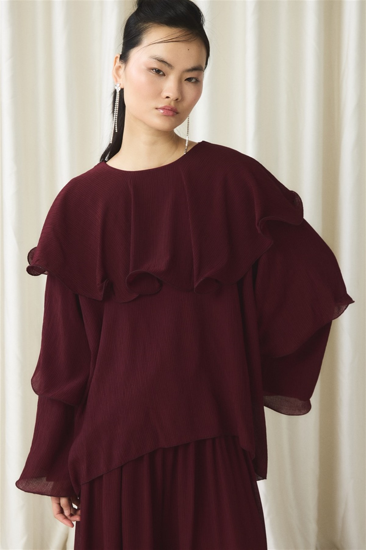 Fırfır Detaylı Pantolon Takım - Bordo