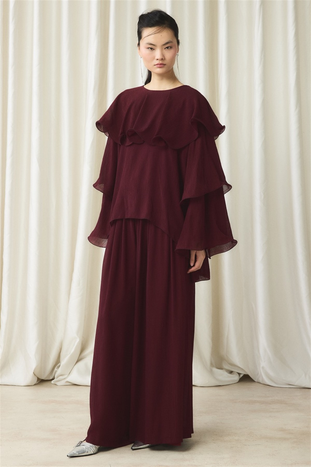 Fırfır Detaylı Pantolon Takım - Bordo