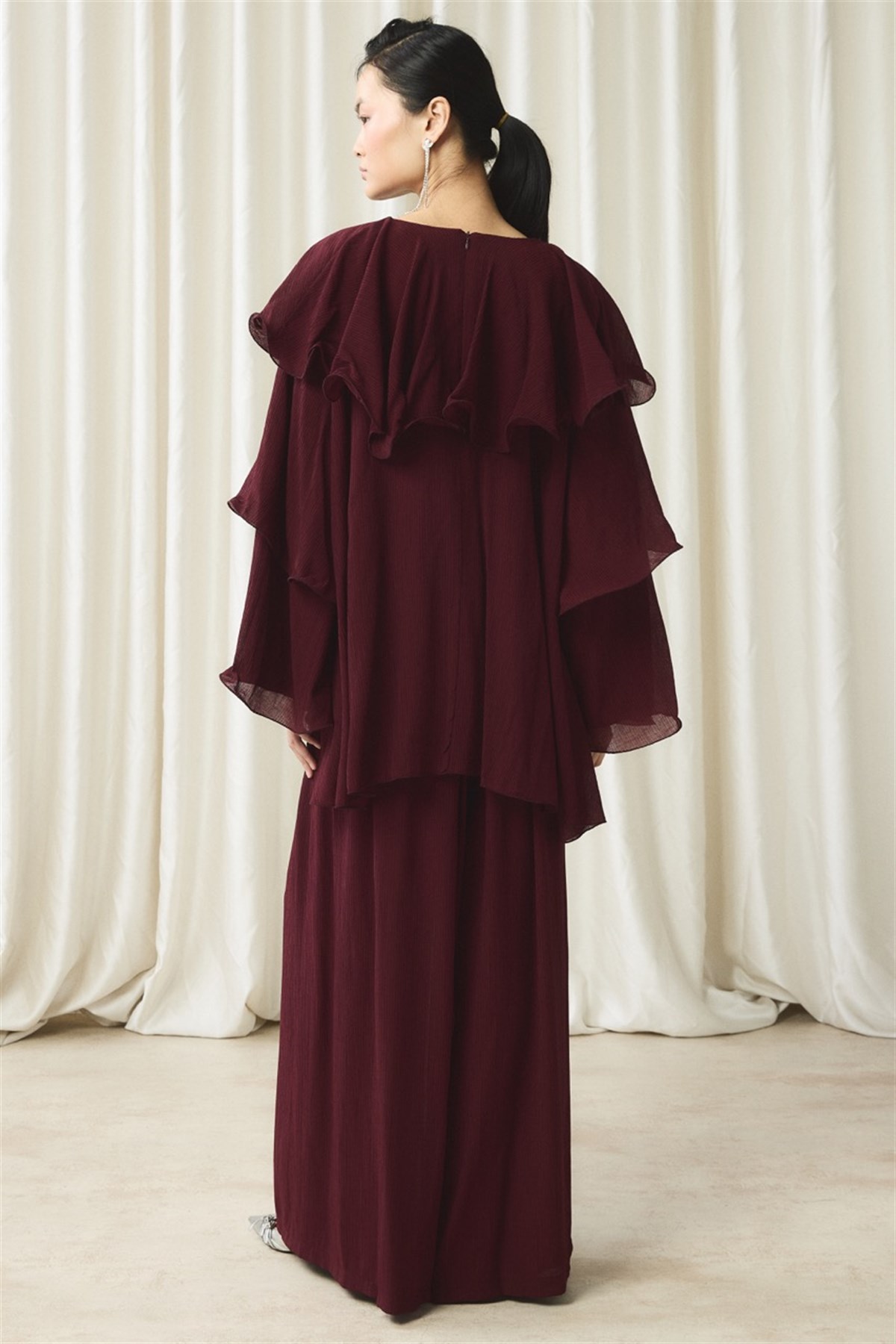 Fırfır Detaylı Pantolon Takım - Bordo