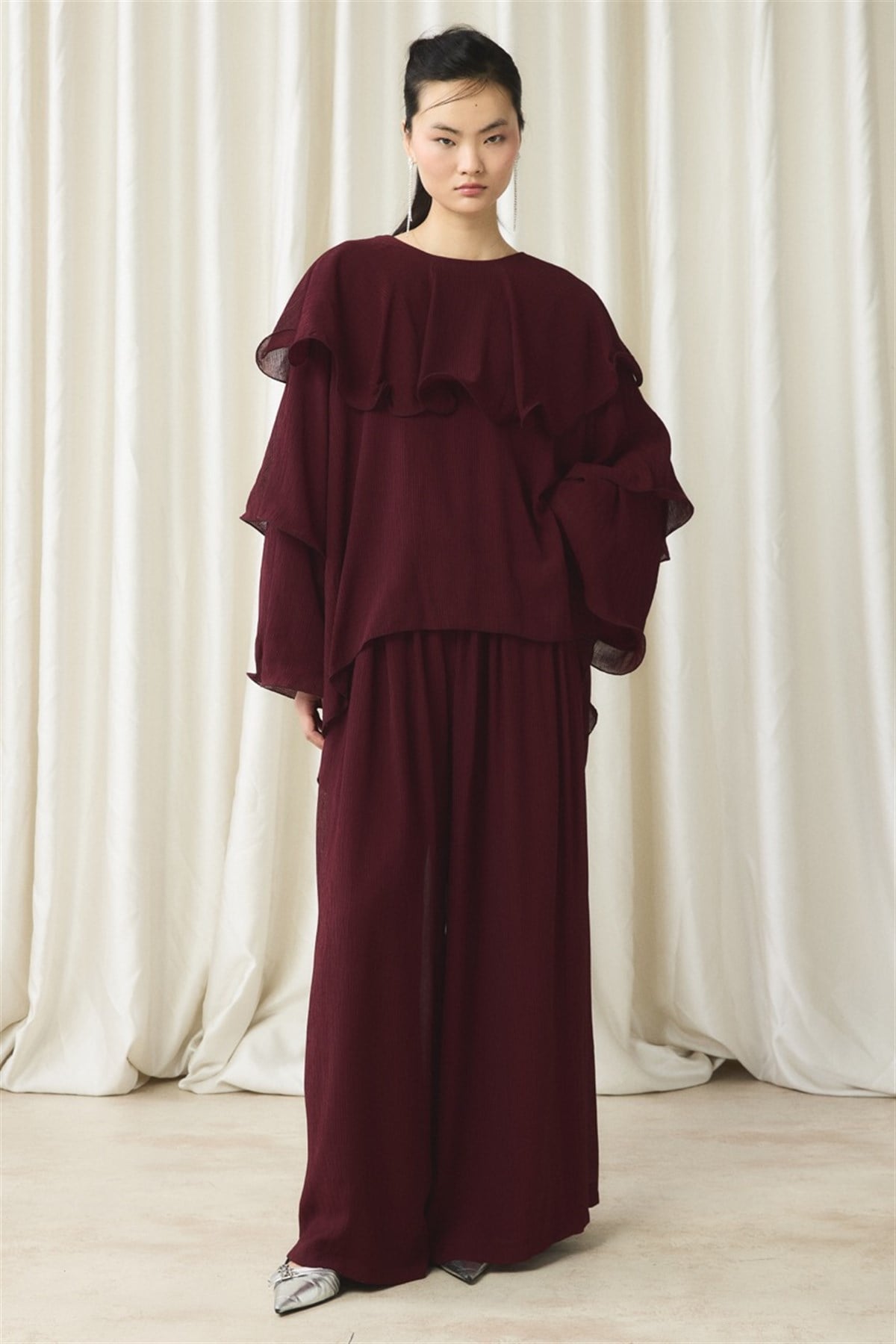 Fırfır Detaylı Pantolon Takım - Bordo