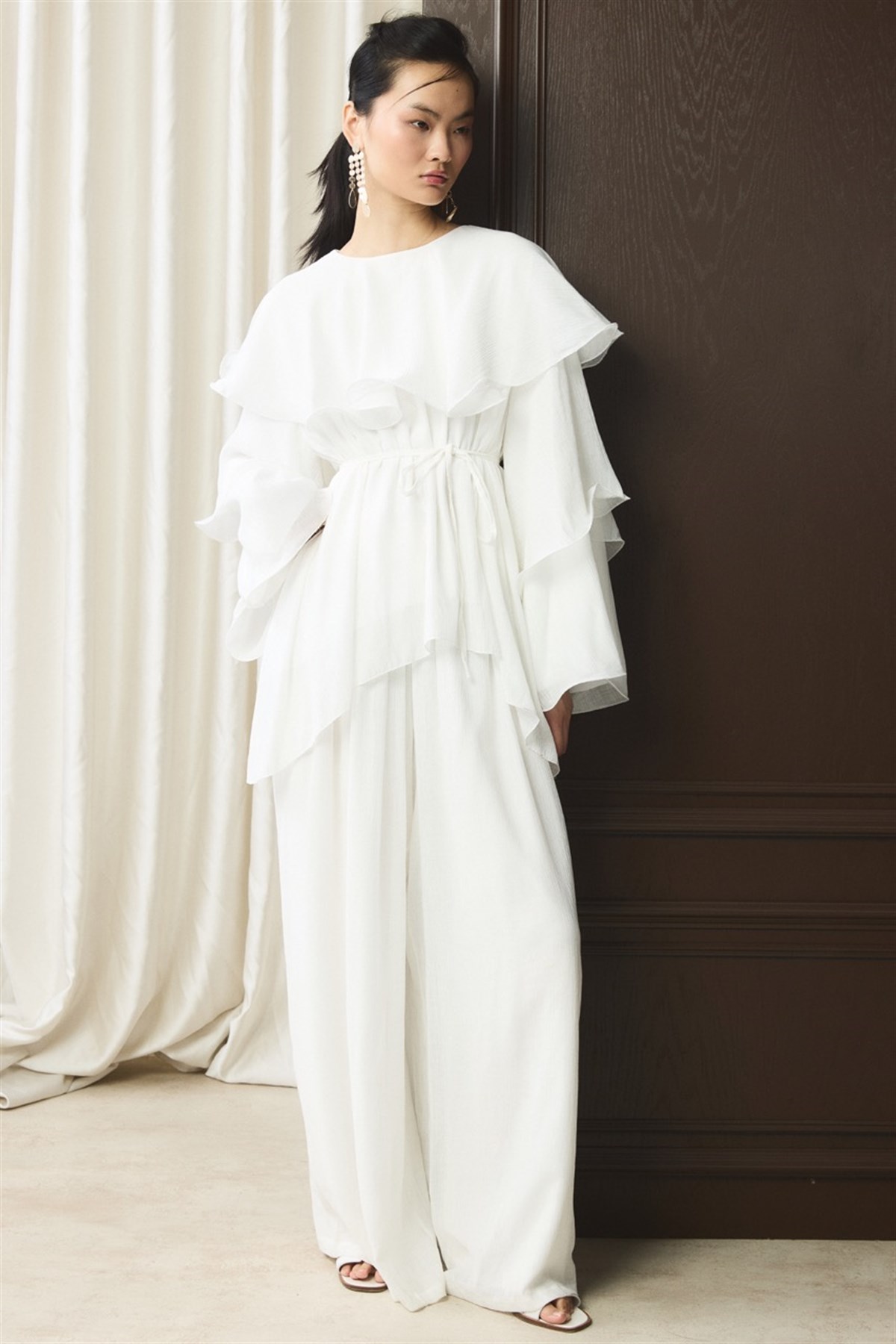 Fırfır Detaylı Pantolon Takım - Ekru