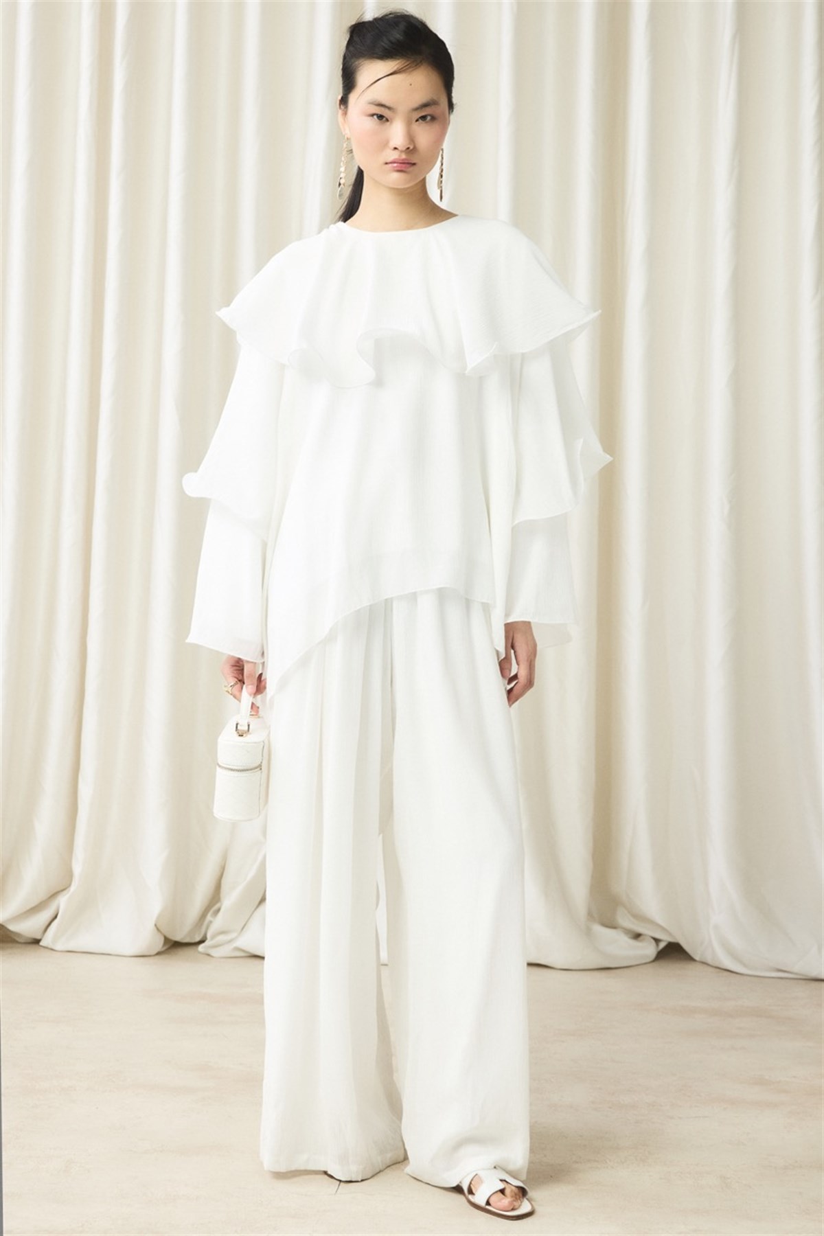 Fırfır Detaylı Pantolon Takım - Ekru