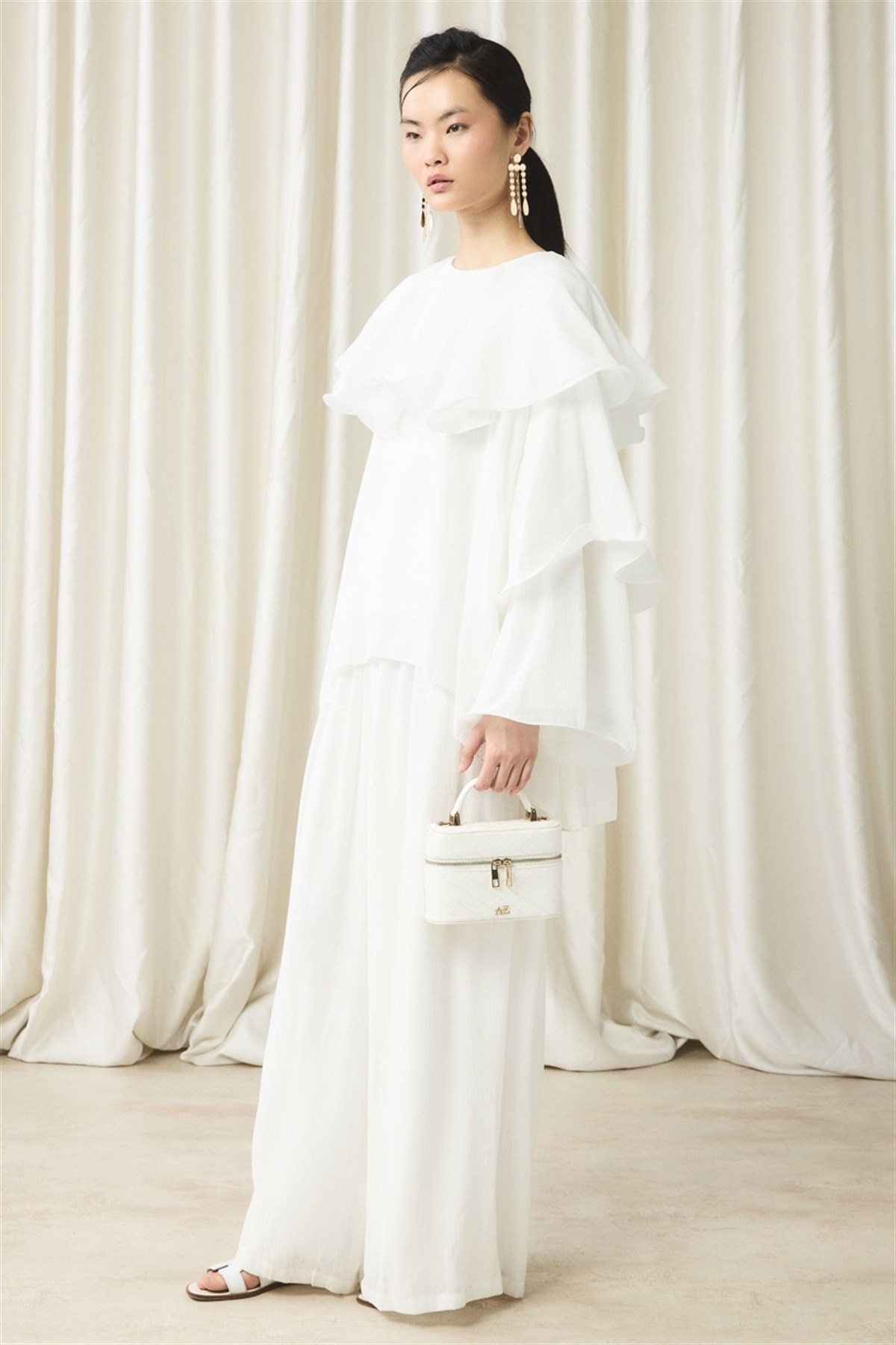 Fırfır Detaylı Pantolon Takım - Ekru