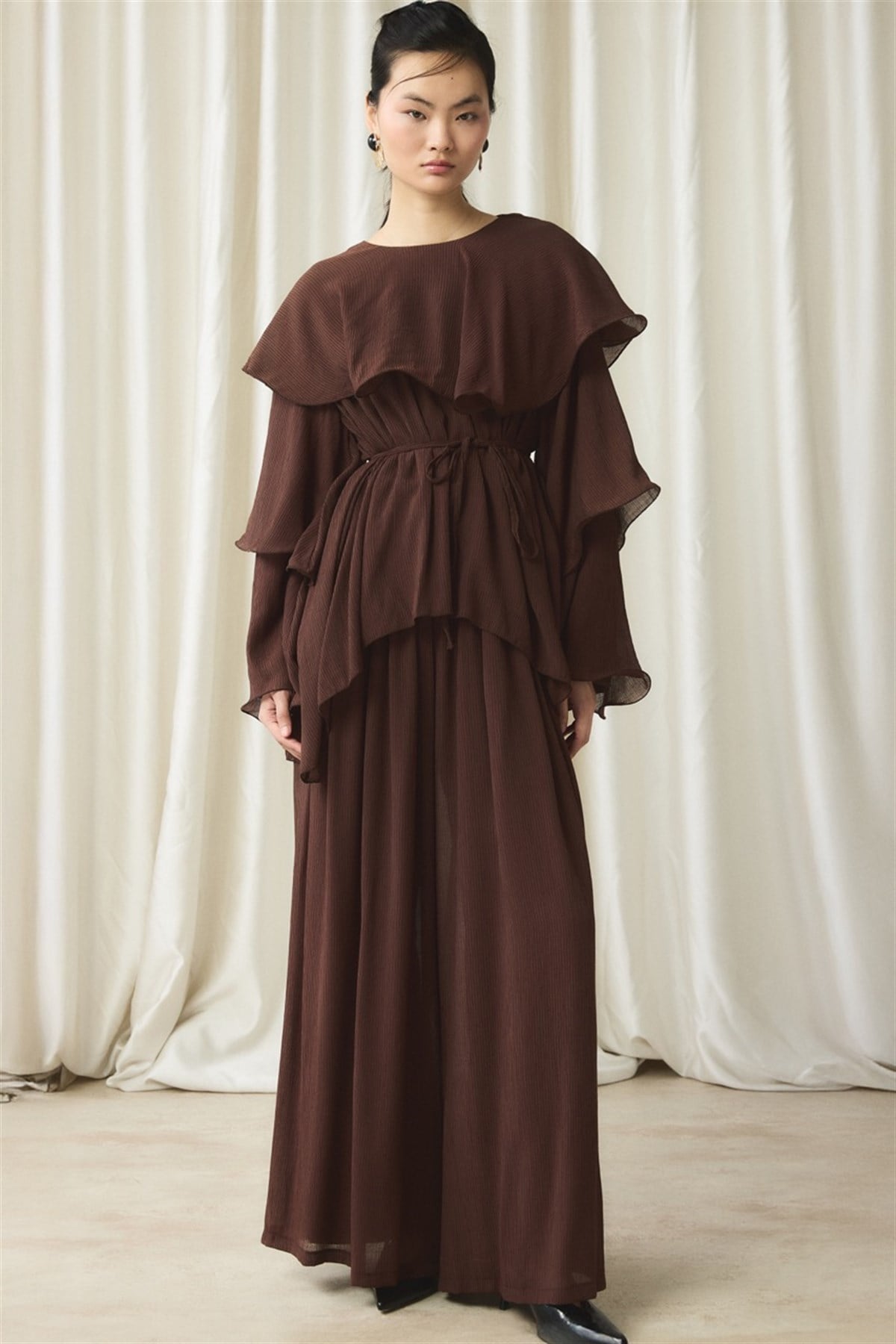 Fırfır Detaylı Pantolon Takım - Kahve