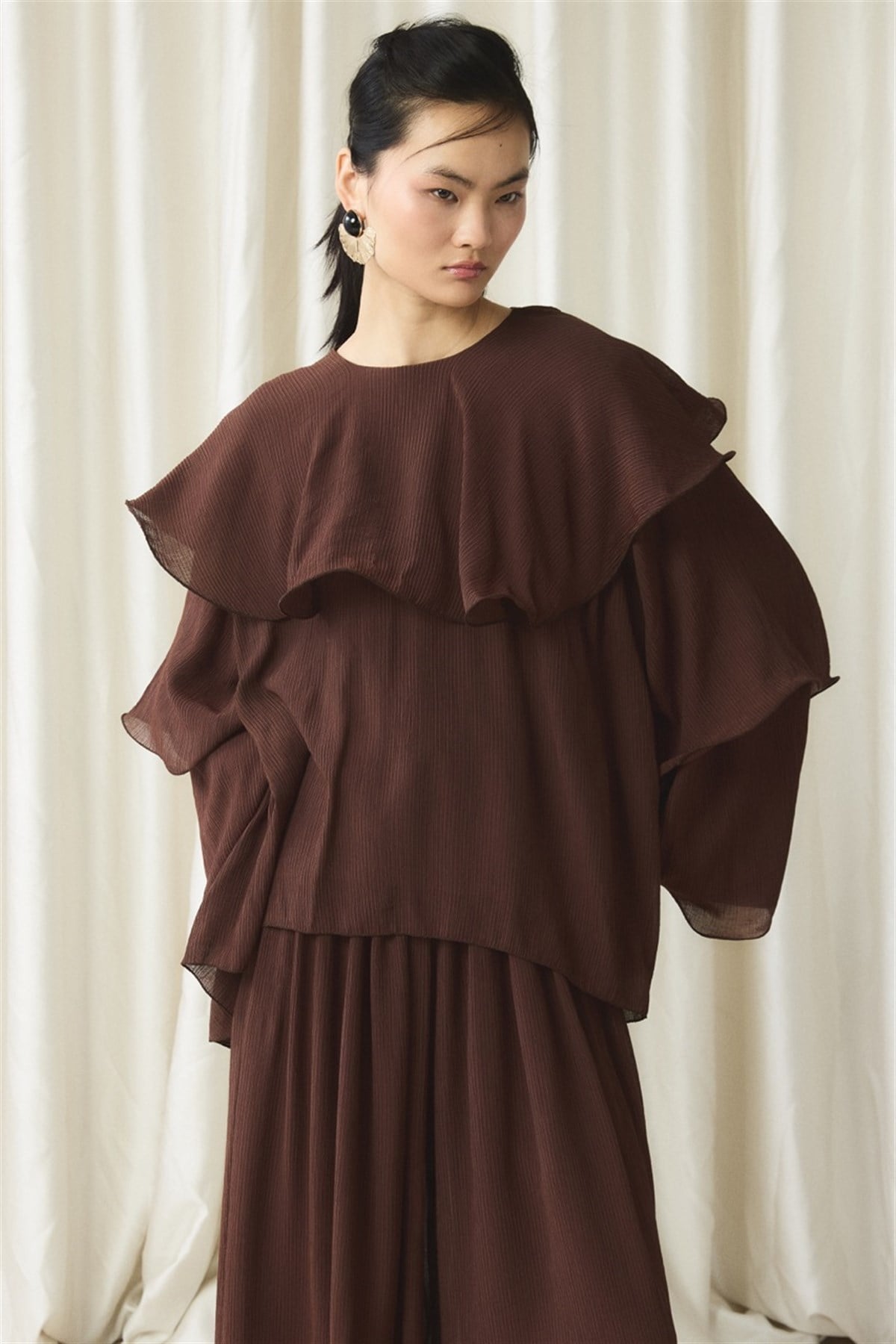 Fırfır Detaylı Pantolon Takım - Kahve