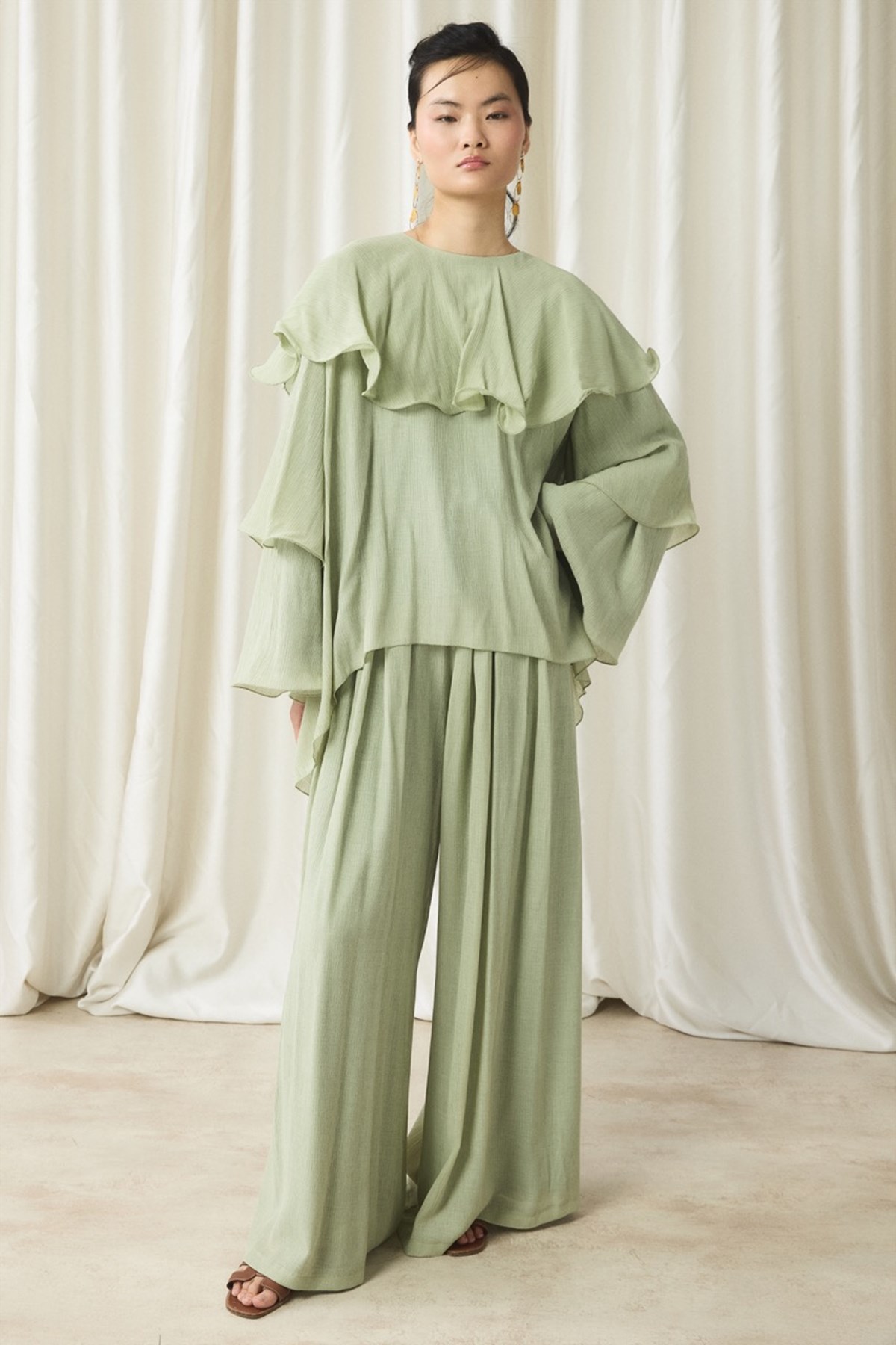 Fırfır Detaylı Pantolon Takım - su yeşili