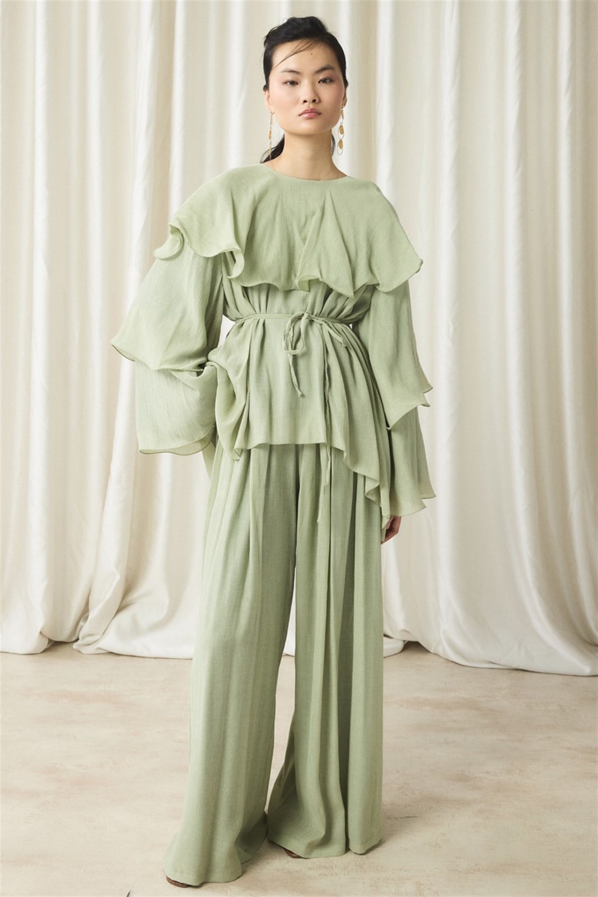 Fırfır Detaylı Pantolon Takım - su yeşili