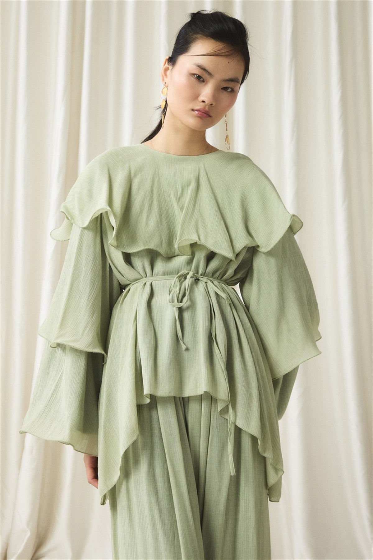 Fırfır Detaylı Pantolon Takım - su yeşili