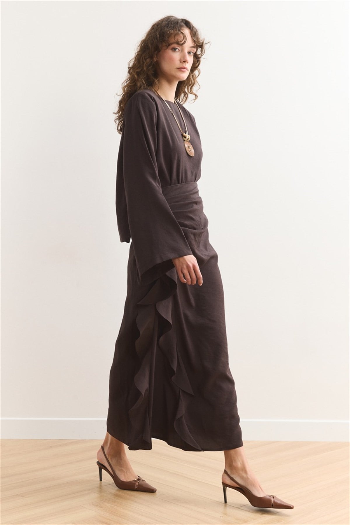 Fırfır Etek Detaylı Takım - Acı Kahve