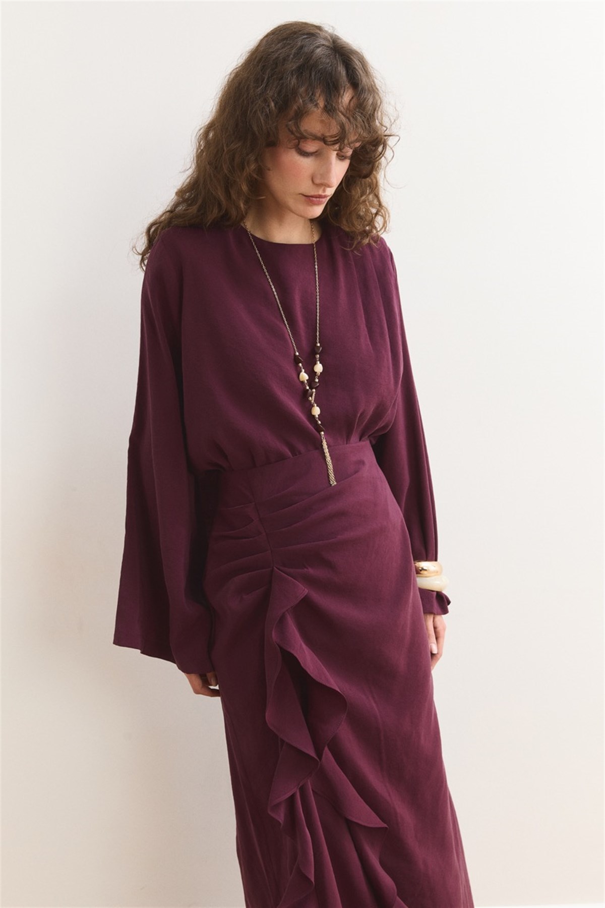 Fırfır Etek Detaylı Takım - Bordo