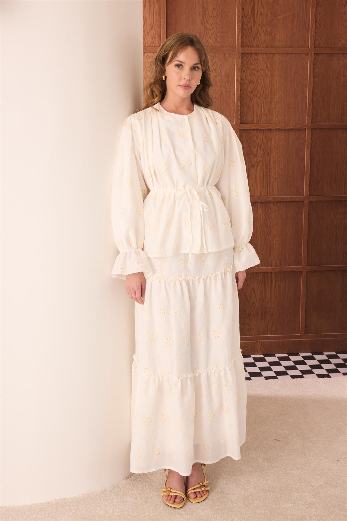 Fisto Detaylı Tünelli Etek Takım - Ekru