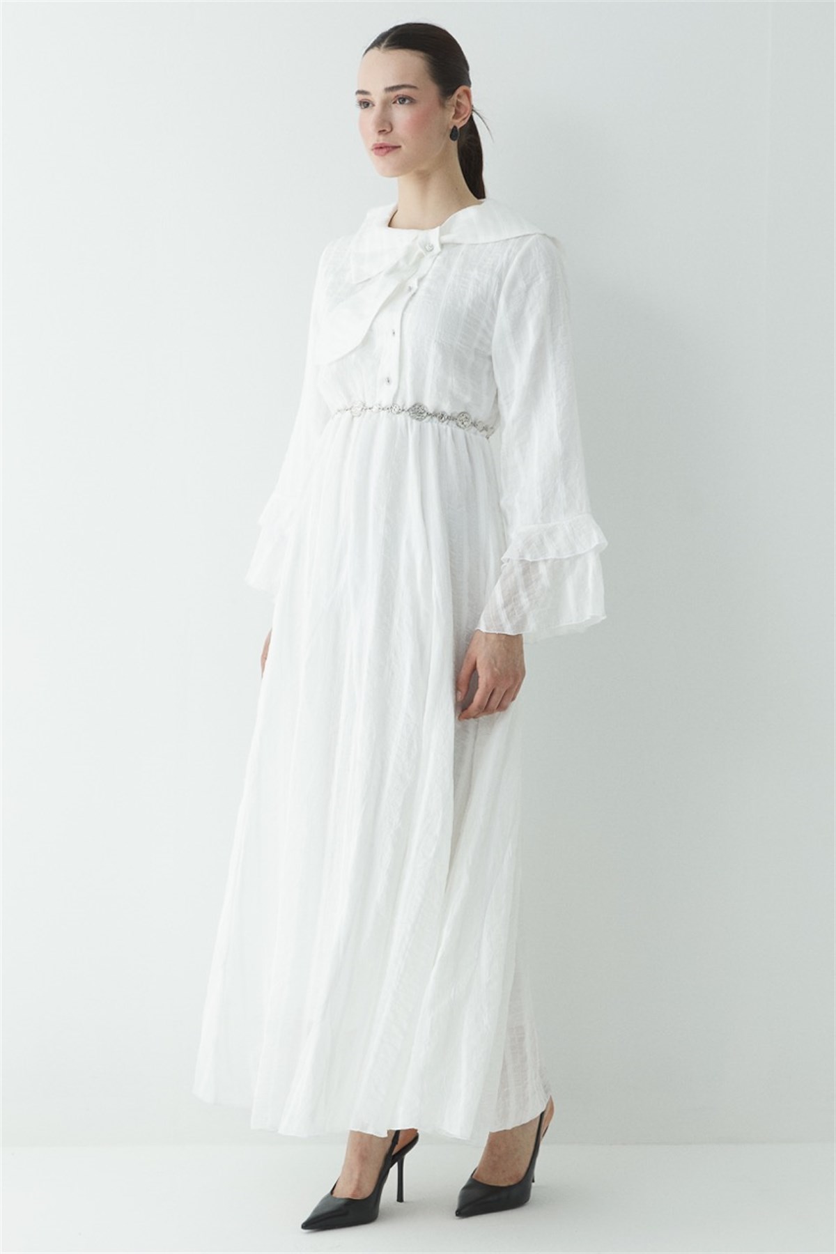 Fiyonk Detay Çizgili Astarlı Elbise - Ekru