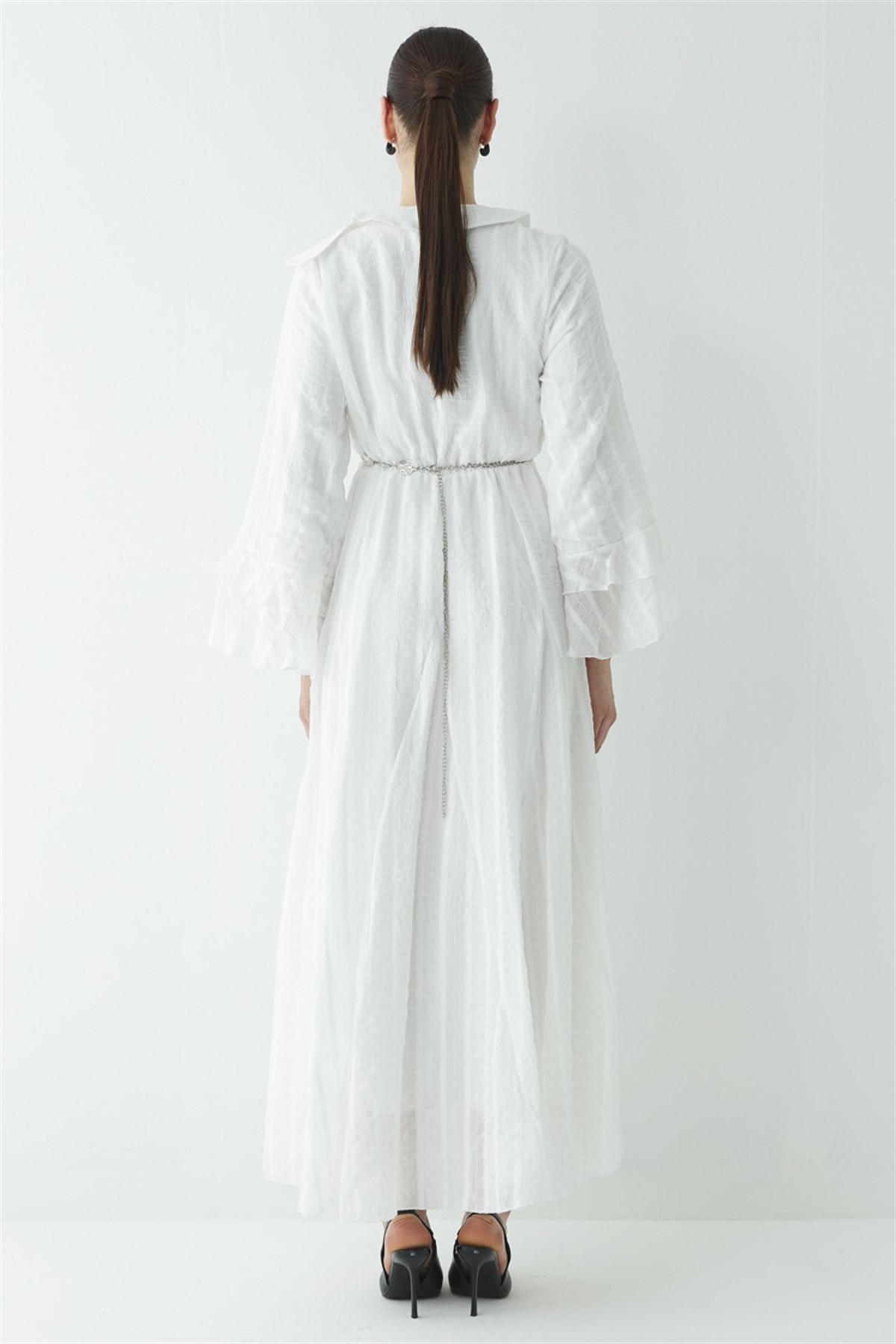 Fiyonk Detay Çizgili Astarlı Elbise - Ekru