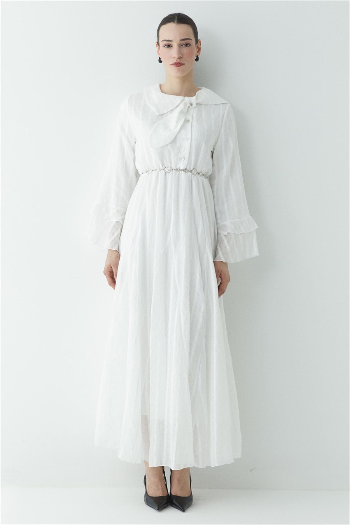 Fiyonk Detay Çizgili Astarlı Elbise - Ekru