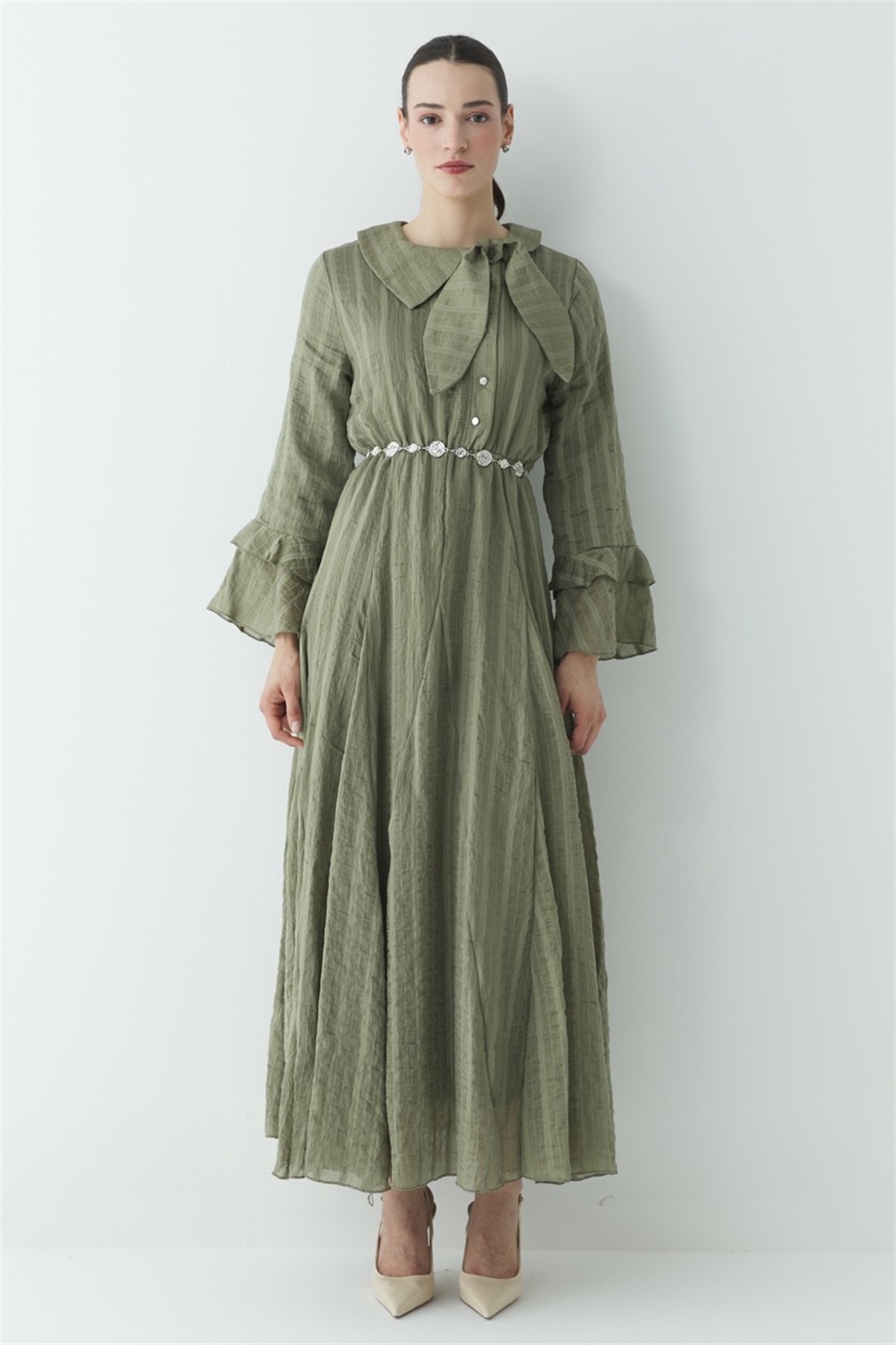 Fiyonk Detay Çizgili Astarlı Elbise - Haki