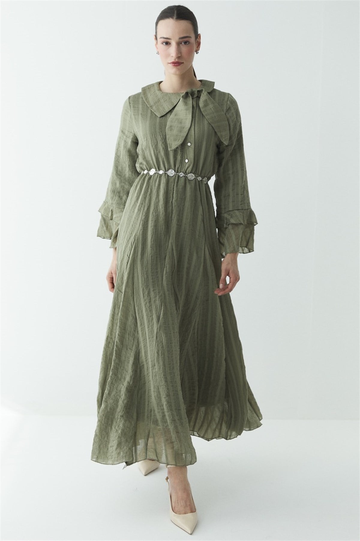 Fiyonk Detay Çizgili Astarlı Elbise - Haki