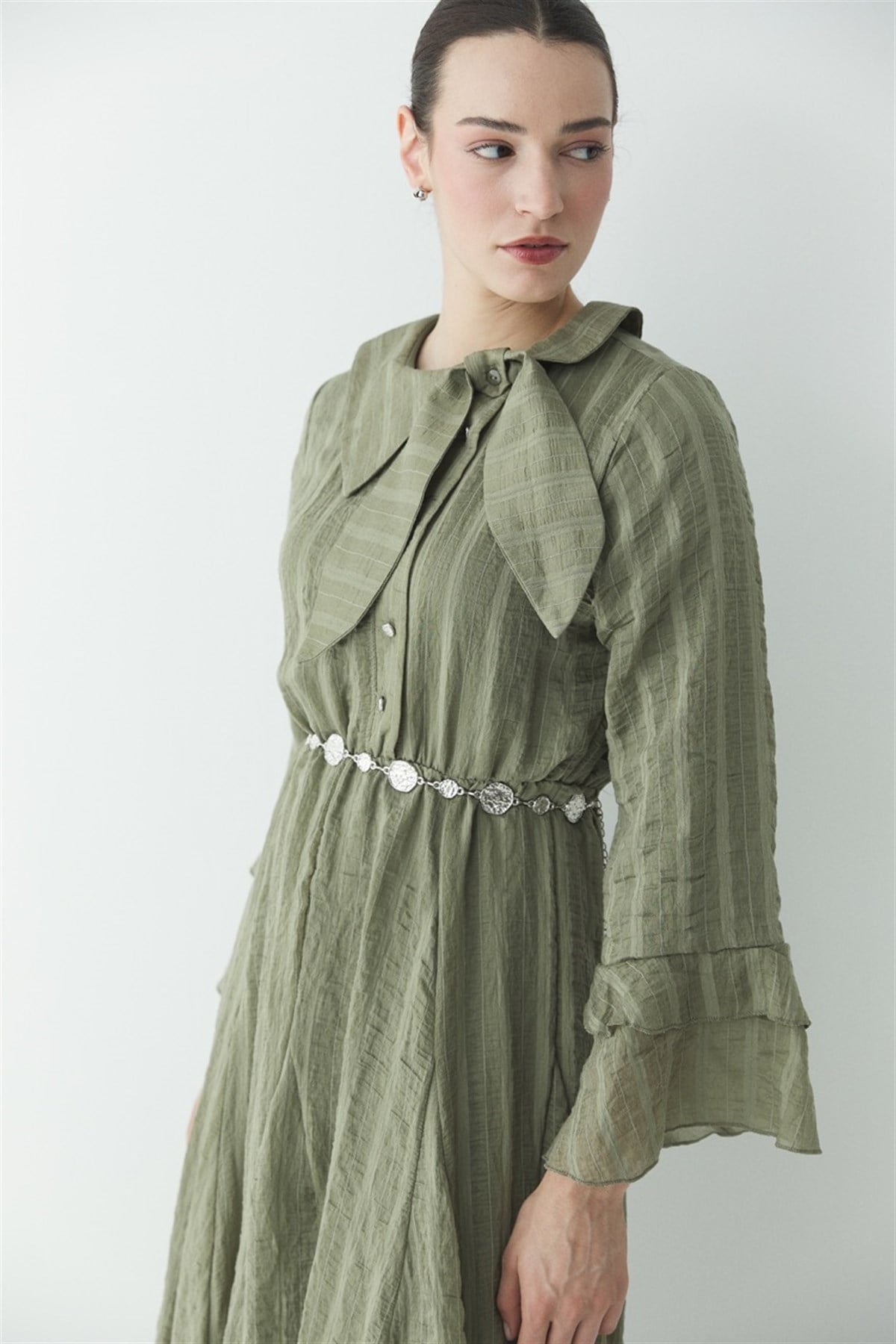 Fiyonk Detay Çizgili Astarlı Elbise - Haki