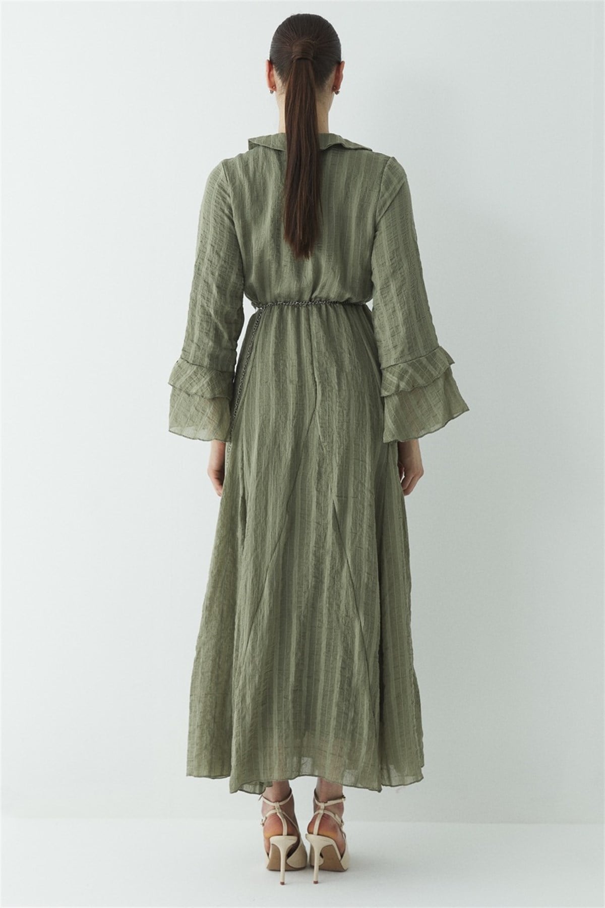 Fiyonk Detay Çizgili Astarlı Elbise - Haki