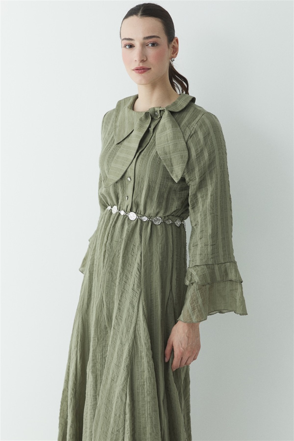 Fiyonk Detay Çizgili Astarlı Elbise - Haki