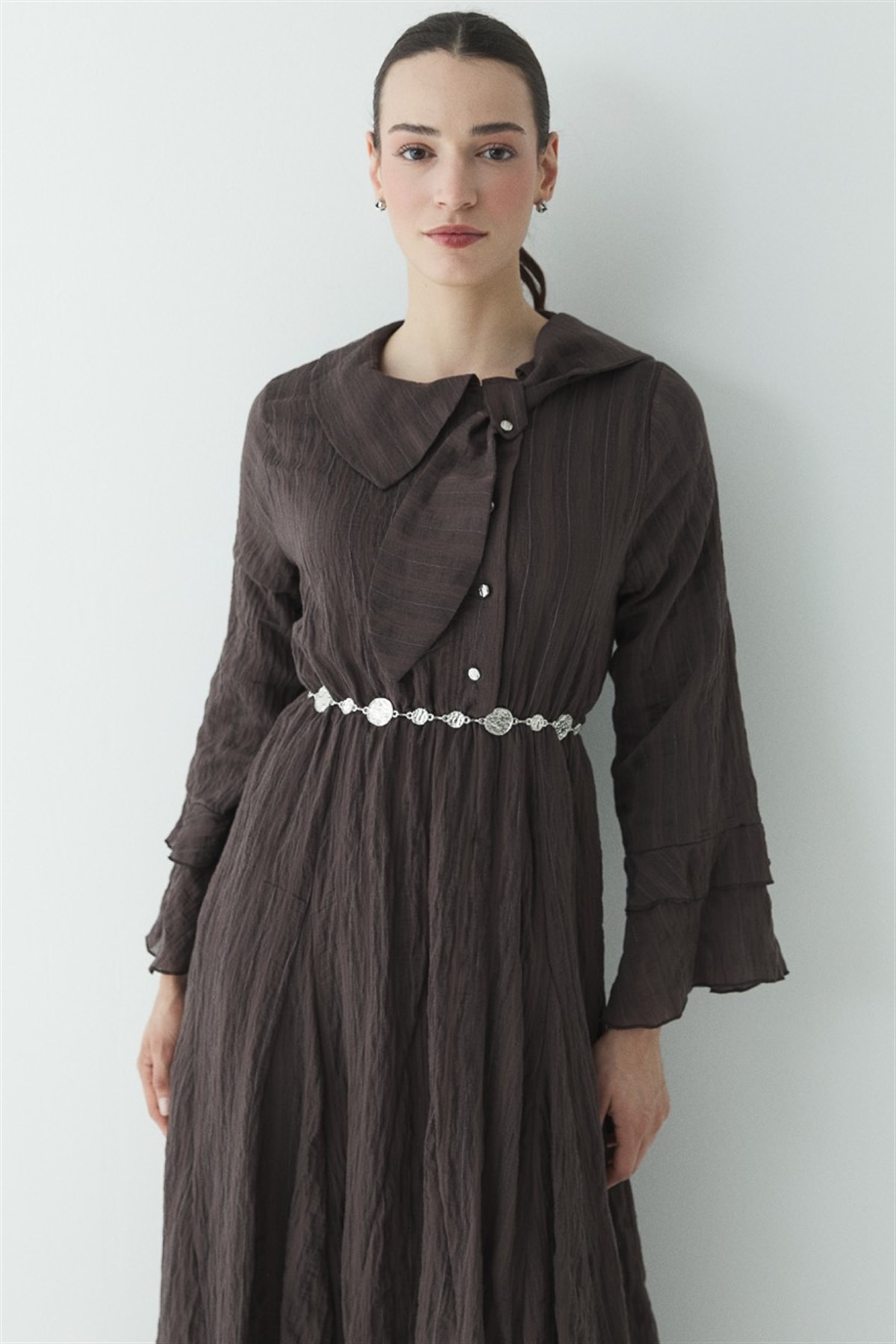 Fiyonk Detay Çizgili Astarlı Elbise - Kahve