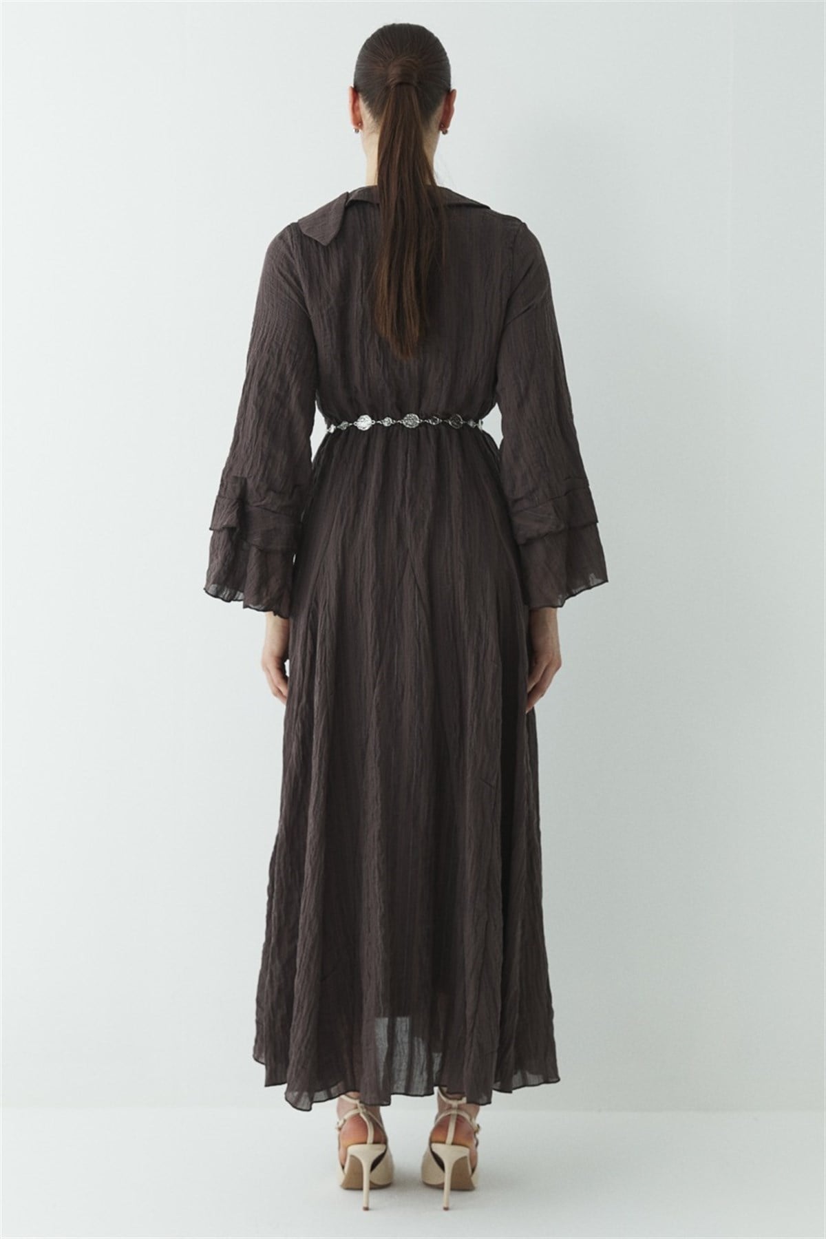 Fiyonk Detay Çizgili Astarlı Elbise - Kahve