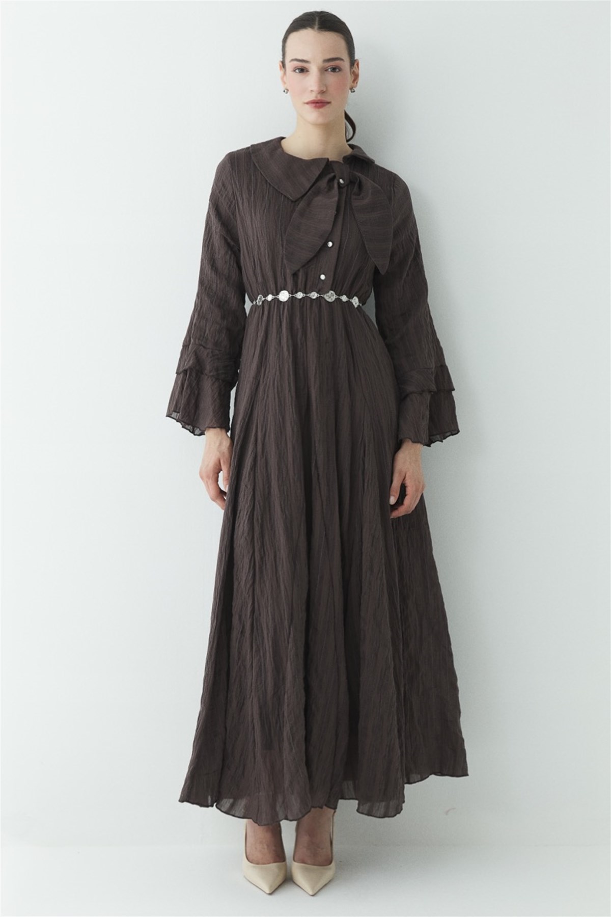 Fiyonk Detay Çizgili Astarlı Elbise - Kahve